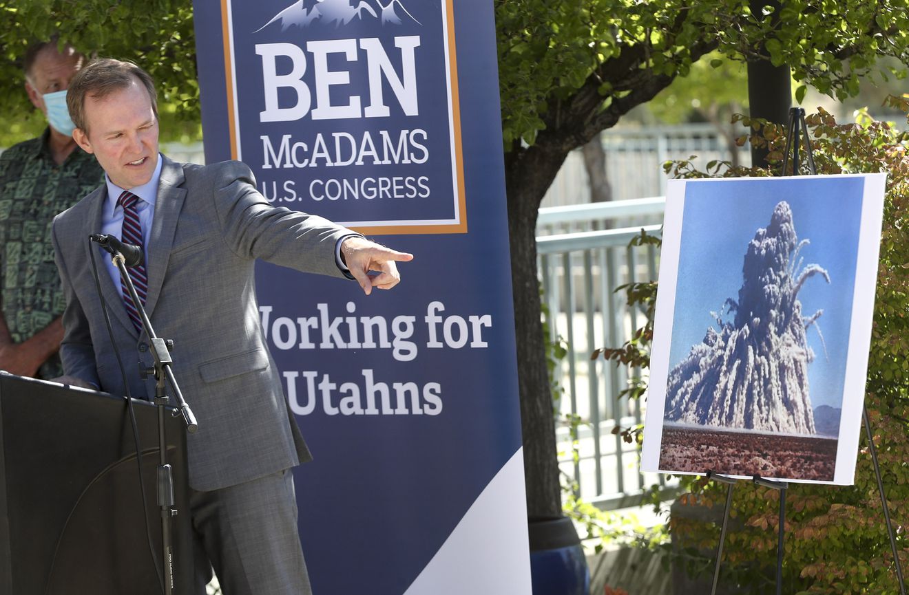 Rep. Ben McAdams, D-Utah, talks about his support to expand and extend the Radiation Exposure Compensation Act, as he points to a photograph of a nuclear blast in Nevada during a press conference at the Utah Cultural Celebration Center in West Valley City on Monday, July 6, 2020. (Photo: Steve Griffin, KSL)