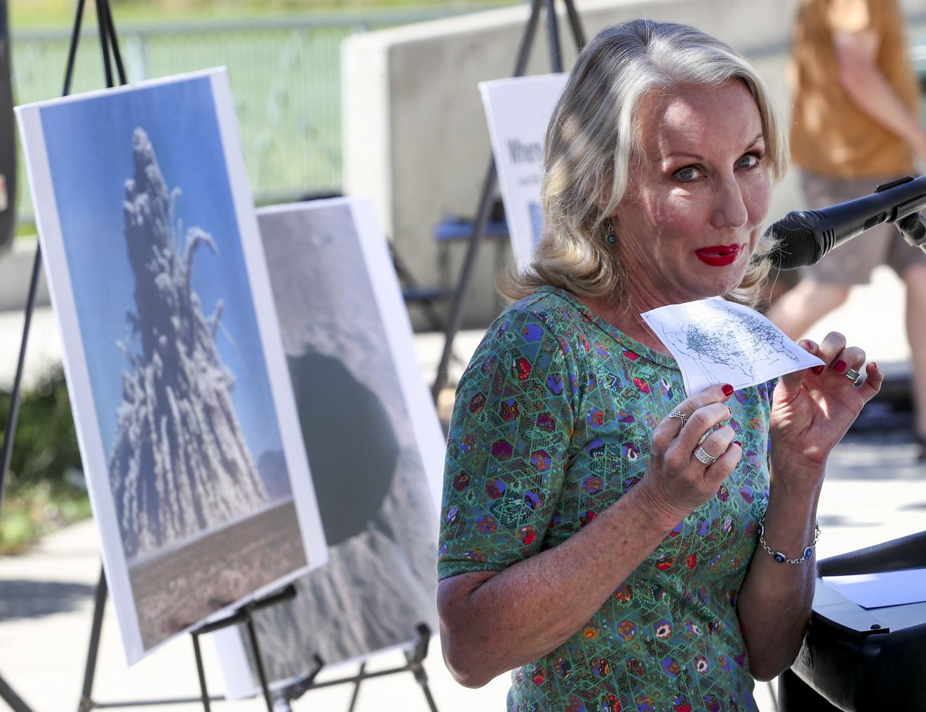 Mary Dickson holds up a map that she keeps with her that shows the path of nuclear fallout from at least three nuclear tests in Nevada, as she thanks Rep. Ben McAdams, D-Utah, for his support to expand and extend the Radiation Exposure Compensation Act, during a press conference at the Utah Cultural Celebration Center in West Valley City on Monday, July 6, 2020. (Photo: Steve Griffin, KSL)