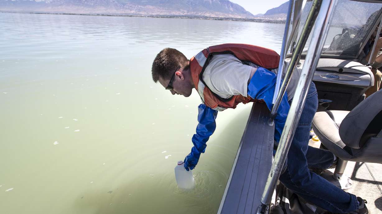 Ryan Parker, a water quality technician for the Utah Division of Water Quality, takes a water sample at Utah Lake in Provo to assess the algal bloom situation on Monday, July 2, 2018. The sample was taken at a buoy that transmits data 2 miles from Vineyard.