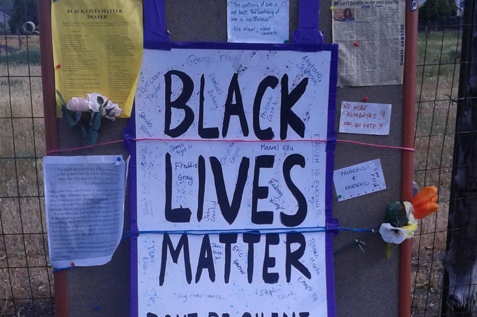 A message board supporting Black Lives Matter was stolen and vandalized with hate speech Friday, July 10, 2020.