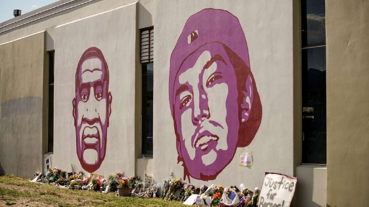 A mural depicting George Floyd and Bernardo Palacios-Carbajal is pictured at the corner of 300 West and 800 South in Salt Lake City on Thursday, June 11, 2020. The death of George Floyd under the knee of a police officer in Minneapolis has sparked weeks of international protests of systemic racism and police brutality. Palacios was shot and killed by Salt Lake police officers on May 23 and has become a focal point of local protests. (Photo: Spenser Heaps, KSL)