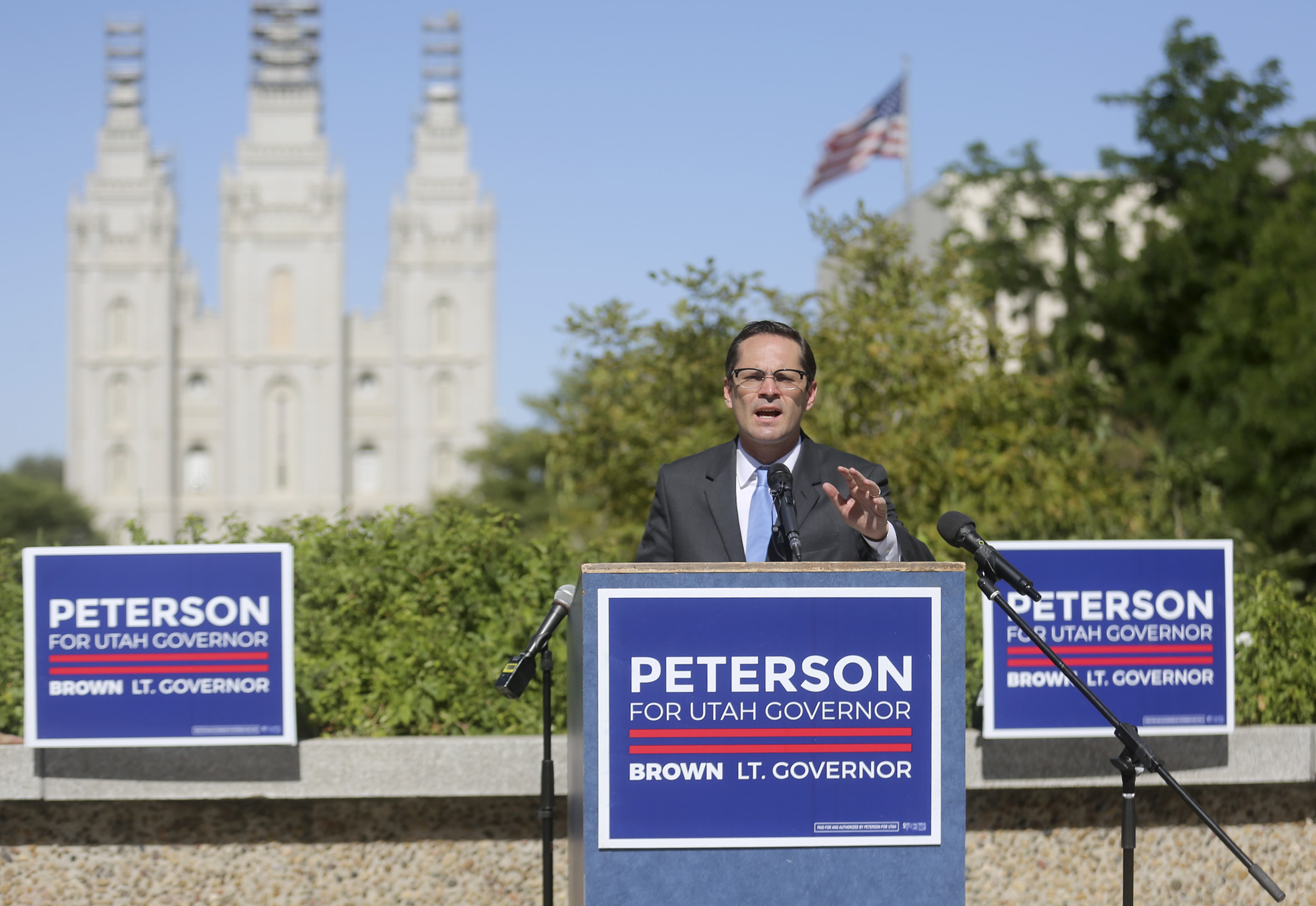 Utah Democratic candidate for governor Chris Peterson calls for revisions to Utah’s COVID-19 response, including a mask mandate and increased production of N95 masks for frontline workers, during a press conference in downtown Salt Lake City on Wednesday, July 15, 2020.