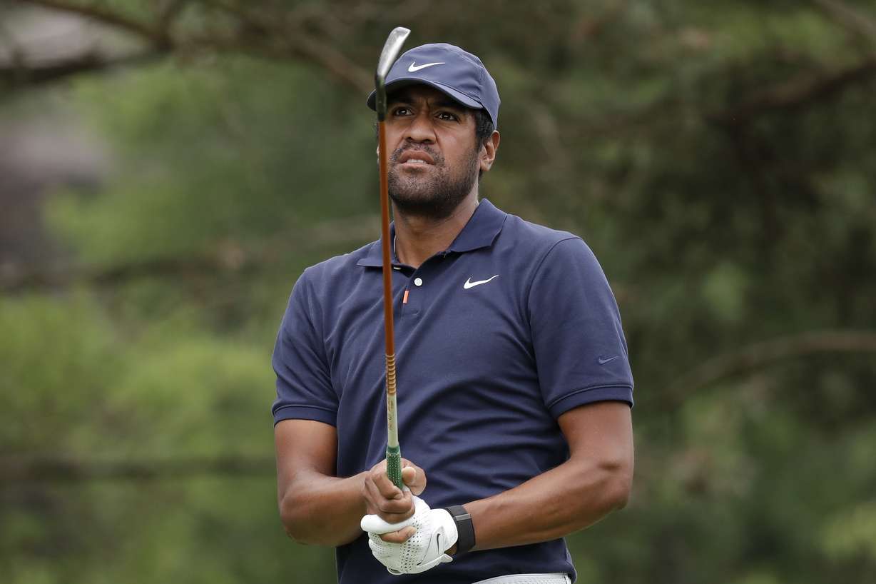 Tony Finau hits from the second tee during the first round of the Memorial golf tournament, Thursday, July 16, 2020, in Dublin, Ohio.