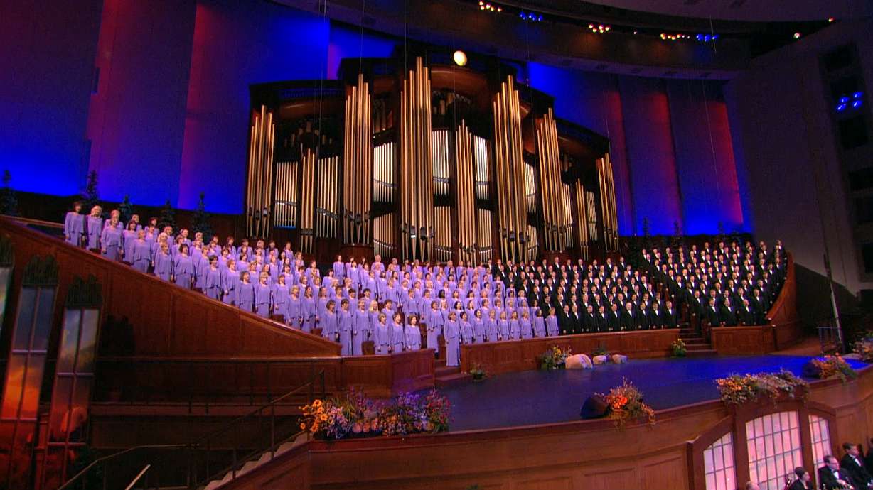 The Tabernacle Choir and Orchestra at Temple Square perform in the conference center in Salt Lake City, Utah, during a previously recorded concert. During the COVID-19 pandemic, weekly live broadcasts of “Music and the Spoken Word” have been replaced by encore episodes of the program on radio, television, cable and the internet.