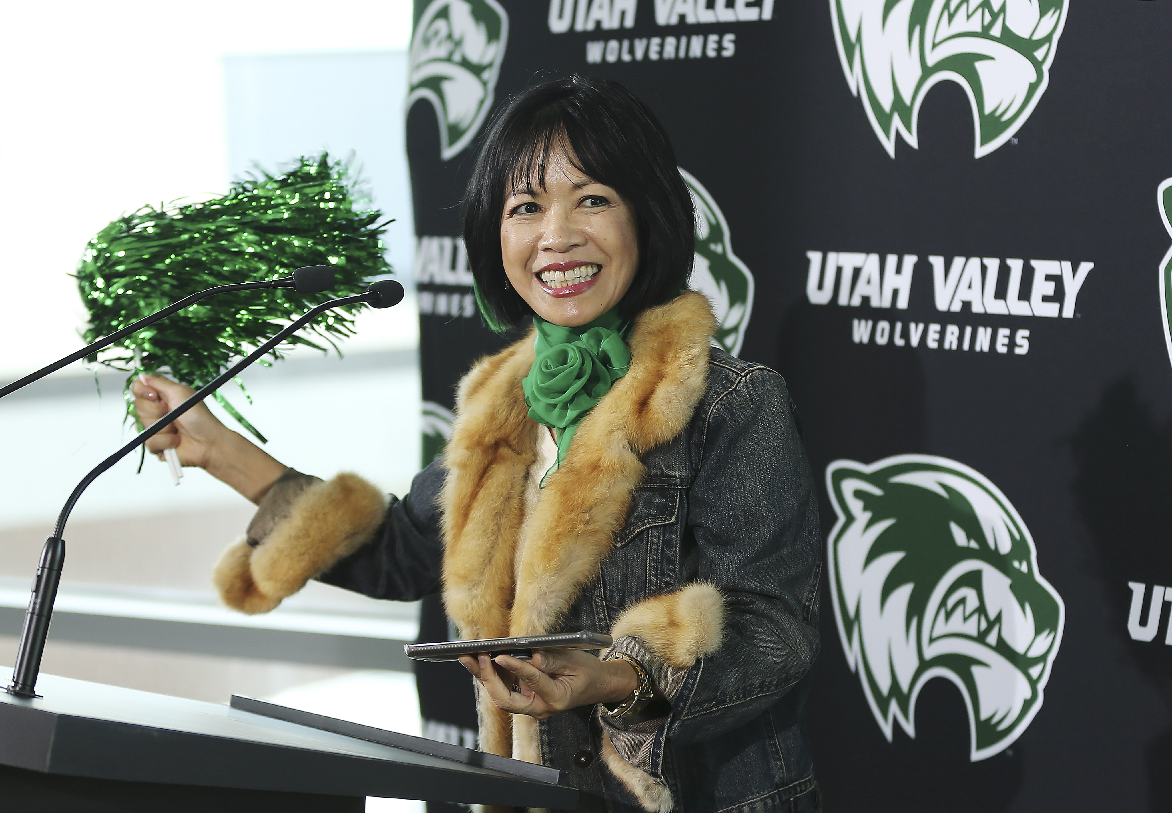 Utah Valley University President Astrid Tuminez cheers as doTerra officials announced on Friday, Sept. 27, 2019, that the company would donate $17.7 million to the Orem university over the next 10 years.