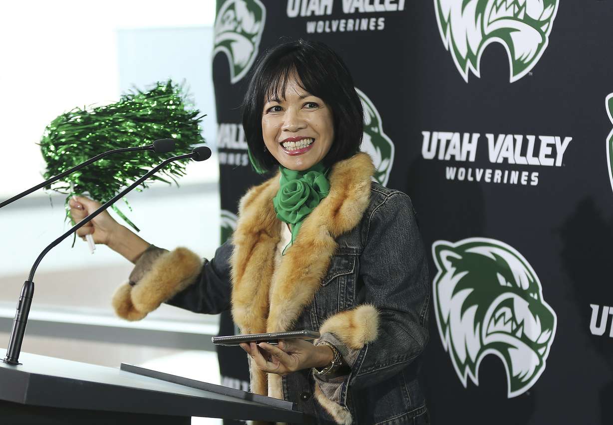 Utah Valley University President Astrid Tuminez cheers as doTerra officials announced on Friday, Sept. 27, 2019, that the company would donate $17.7 million to the Orem university over the next 10 years.