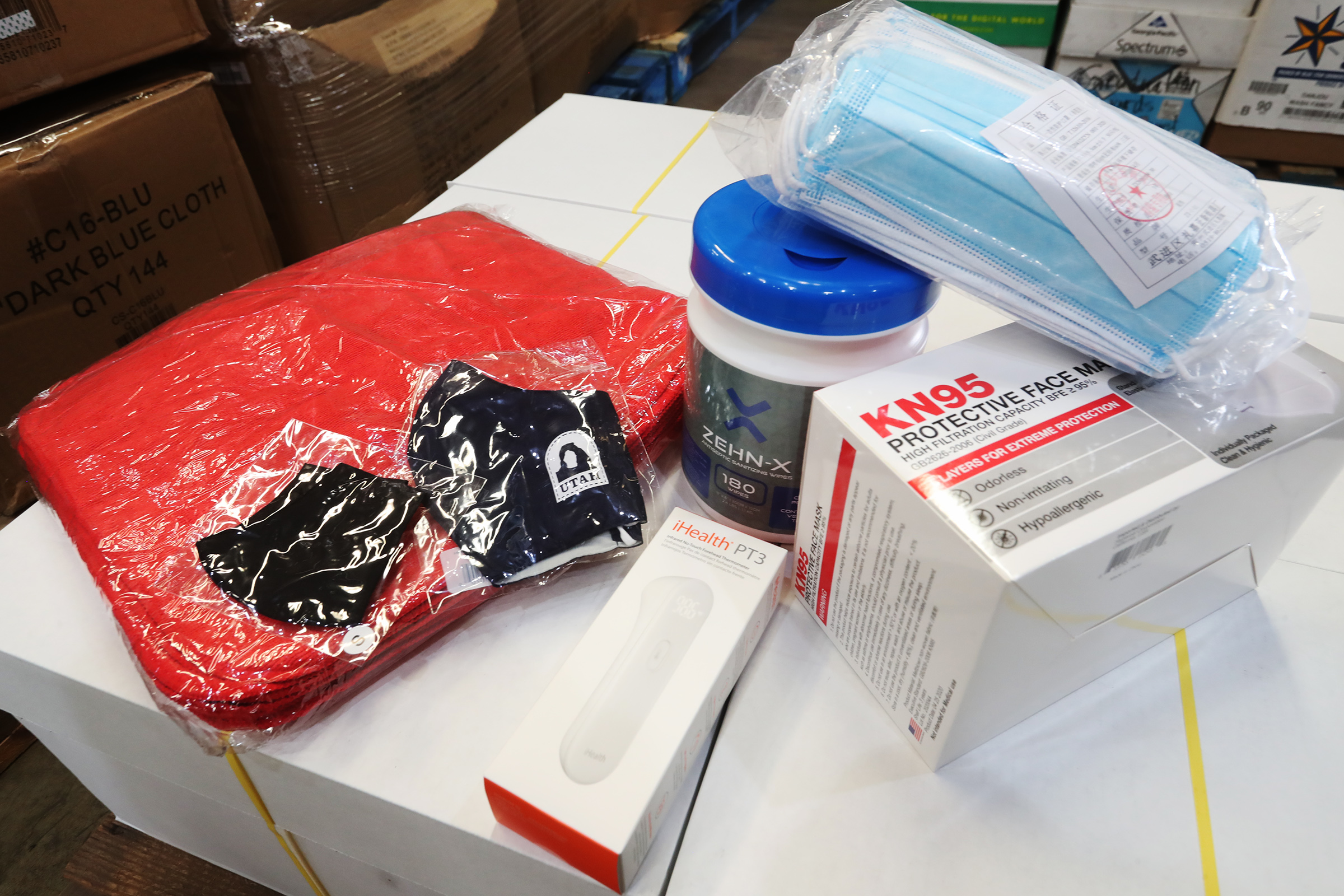 Some of the COVID-19 items being stored at the Granite School District warehouse in South Salt Lake are pictured on Friday, July 17, 2020.