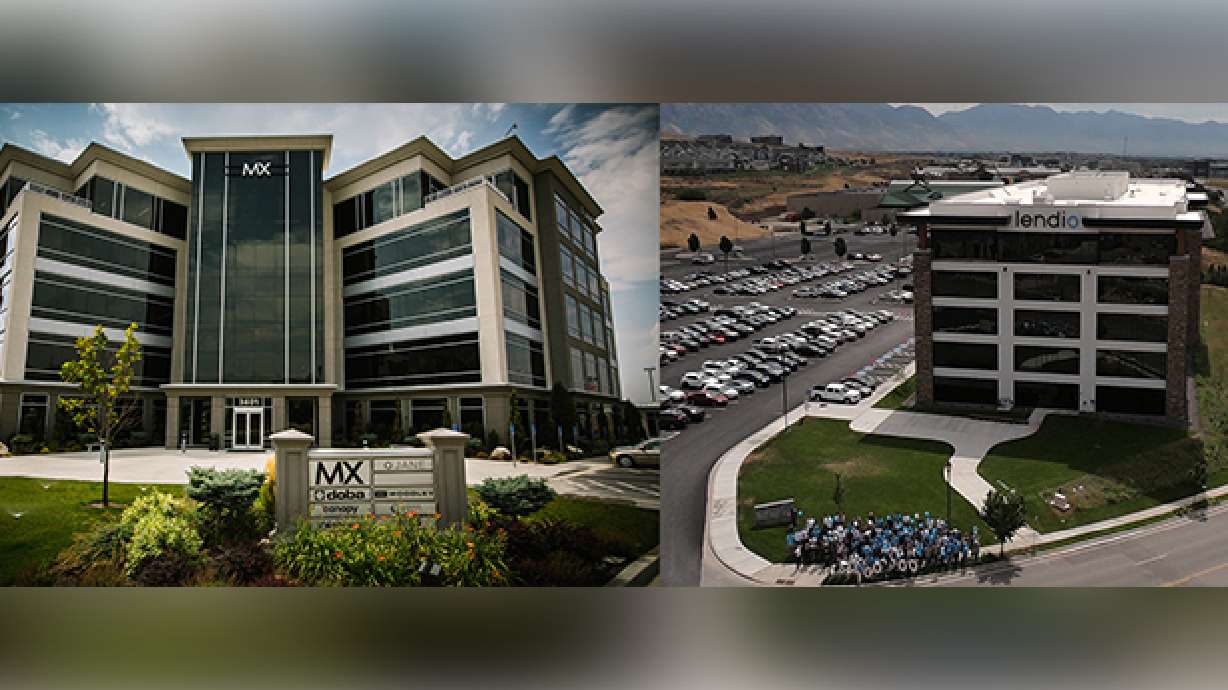 A combined image of the MX and Lendio office buildings in Lehi.