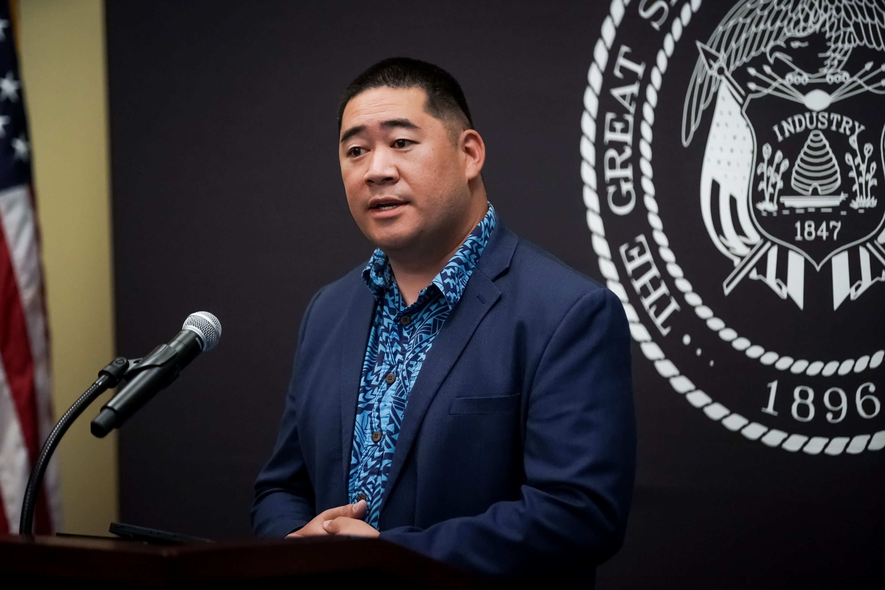 Jake Fitisemanu, chair of the Utah Pacific Islander Health Coalition and a member of multicultural subcommittee of the state’s Coronavirus Task Force, speaks during a press briefing at the Capitol in Salt Lake City on Wednesday, July 22, 2020. (Photo: Spenser Heaps, KSL)