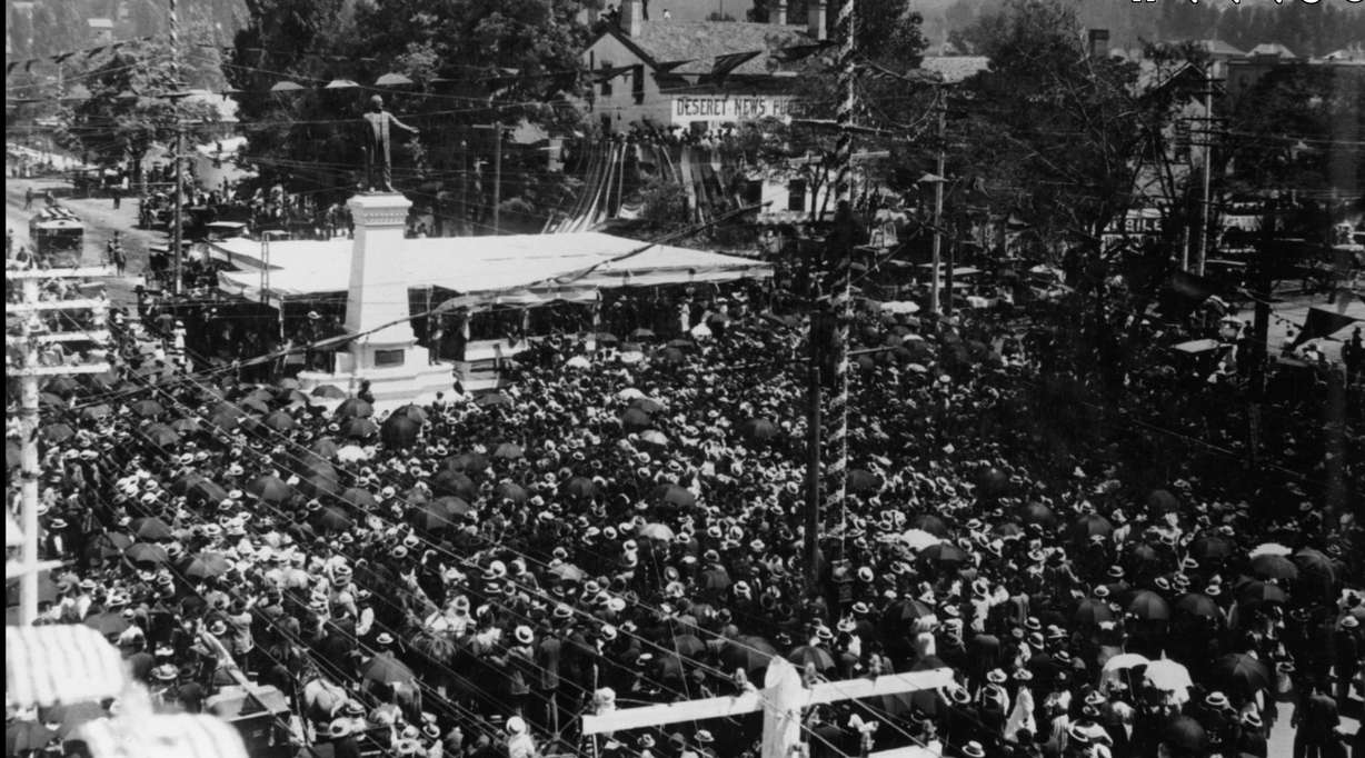 A throng at the unveiling of the Pioneer Monument in Salt Lake City on July 24, 1897. The statue now stands at Temple Square. The event was in celebration for the 50th anniversary of the pioneers arriving in the Salt Lake Valley and was more ceremonious than the previous year, which was the first year Pioneer Day was held when Utah was a state.