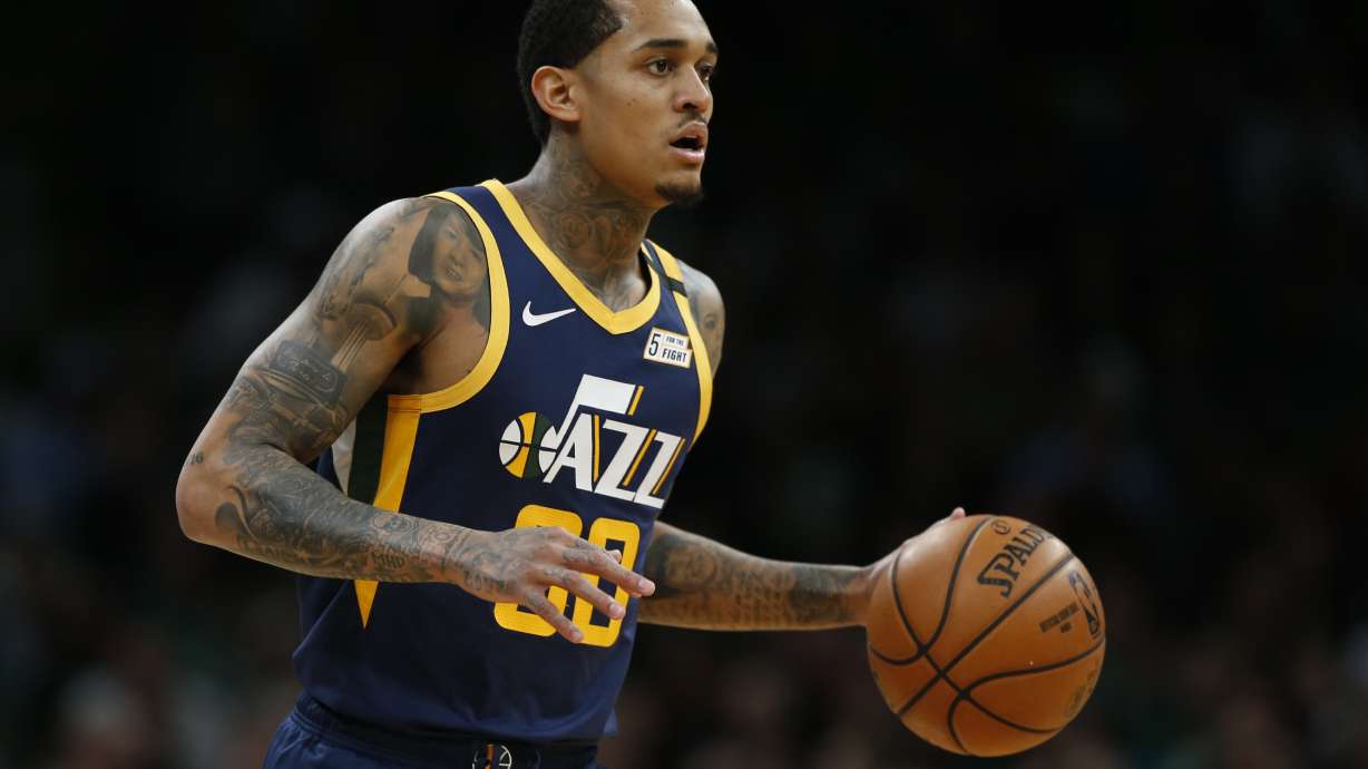 Utah Jazz's Jordan Clarkson during the first quarter of an NBA basketball game against the Boston Celtics Friday, March 6, 2020, in Boston.