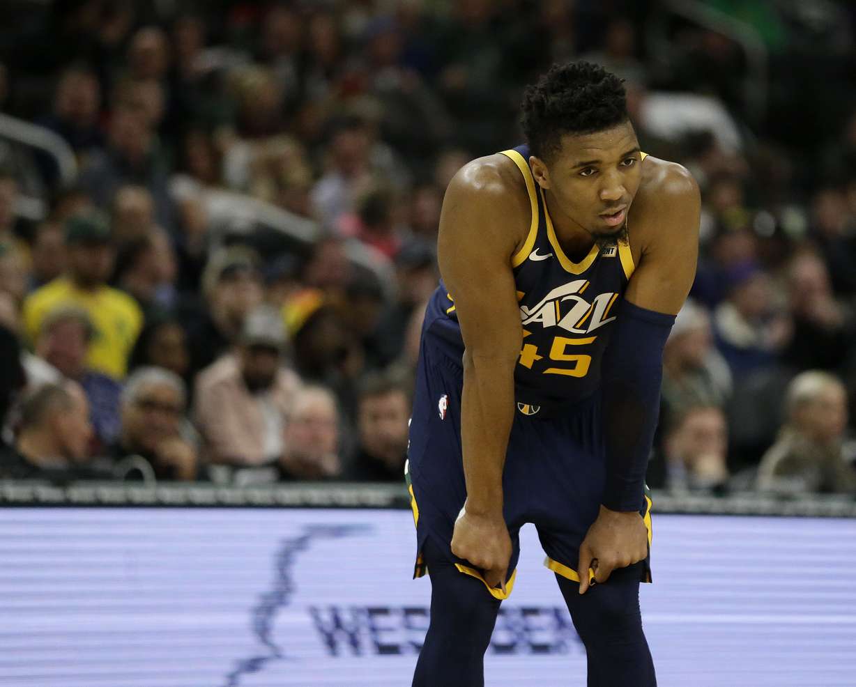 Utah Jazz's Donovan Mitchell during the second half of an NBA basketball game against the Milwaukee Bucks Monday, Jan. 7, 2019, in Milwaukee.