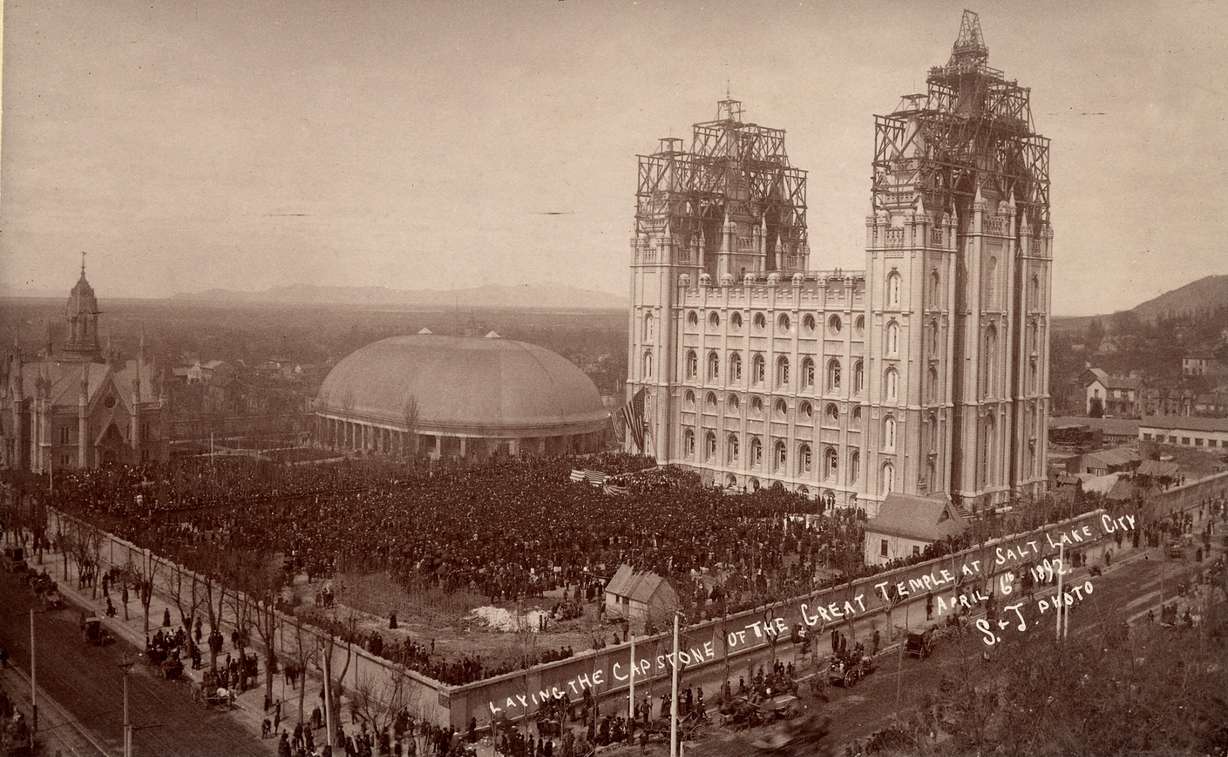 An image of the Salt Lake Temple capstone ceremony on April 6, 1892. The ceremony drew an estimated 30,000 people to Temple Square.