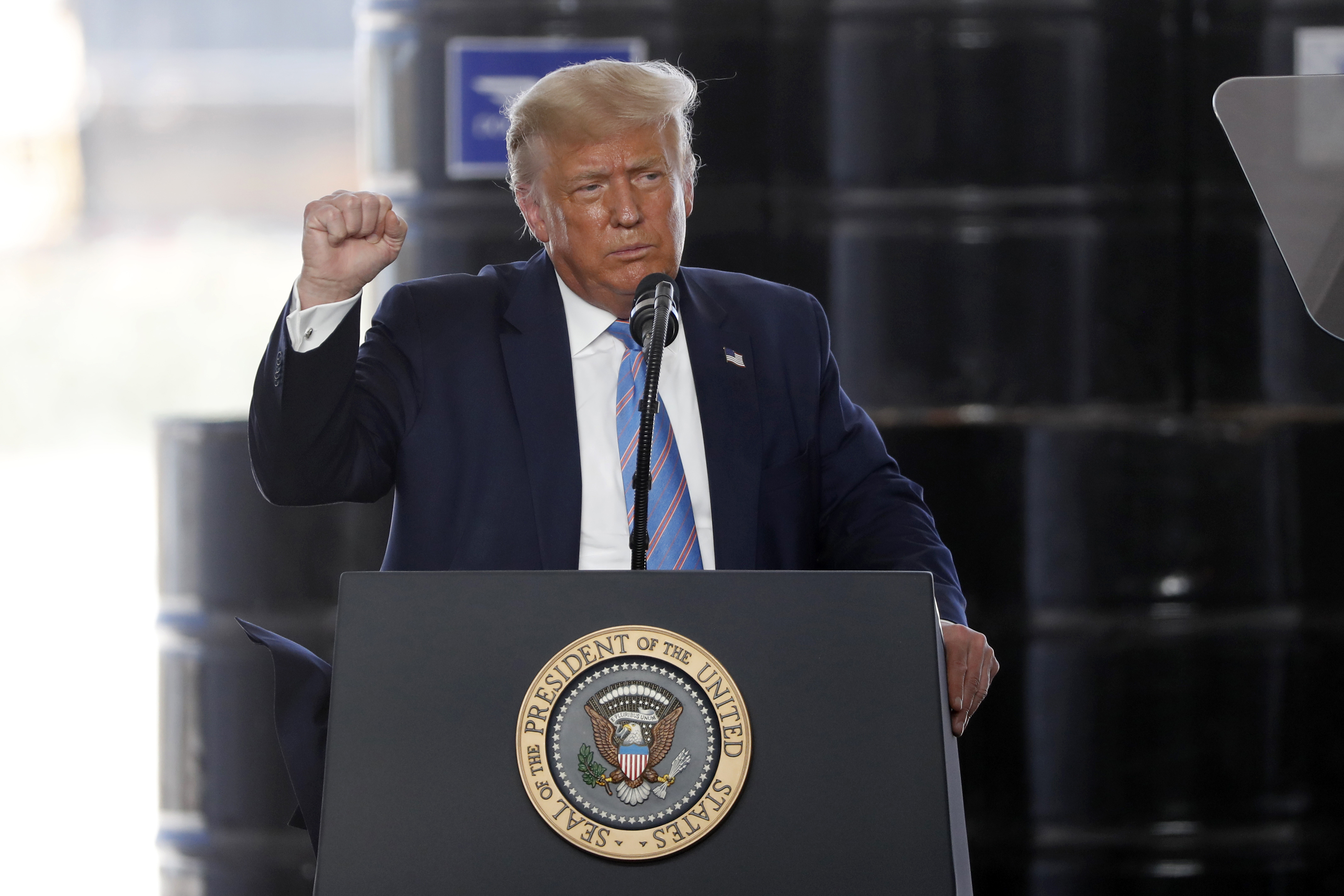 President Donald Trump delivers remarks about American energy production during a visit to the Double Eagle Energy Oil Rig, Wednesday, July 29, 2020, in Midland, Texas. (AP Photo/Tony Gutierrez) [Jul-29-2020]