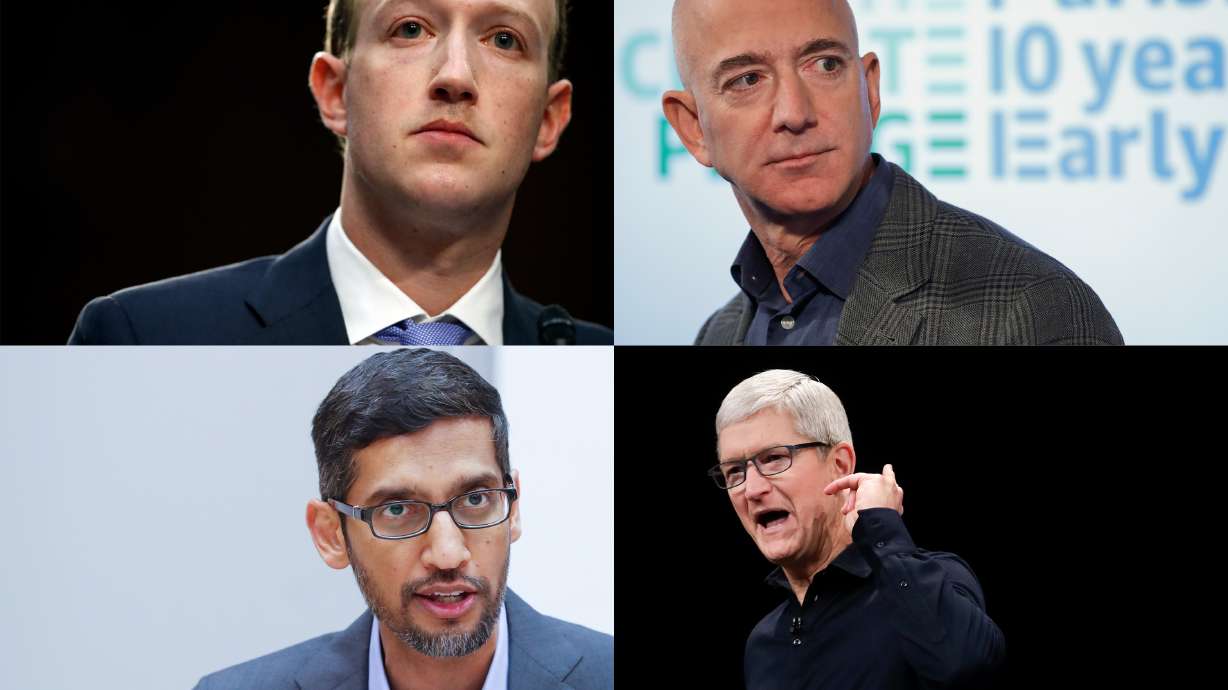This composite of four images shows, clockwise from top left, Facebook CEO Mark Zuckerberg, Amazon CEO Jeff Bezos, Apple CEO Tim Cook and Alphabet/Google CEO Sundar Pichai.