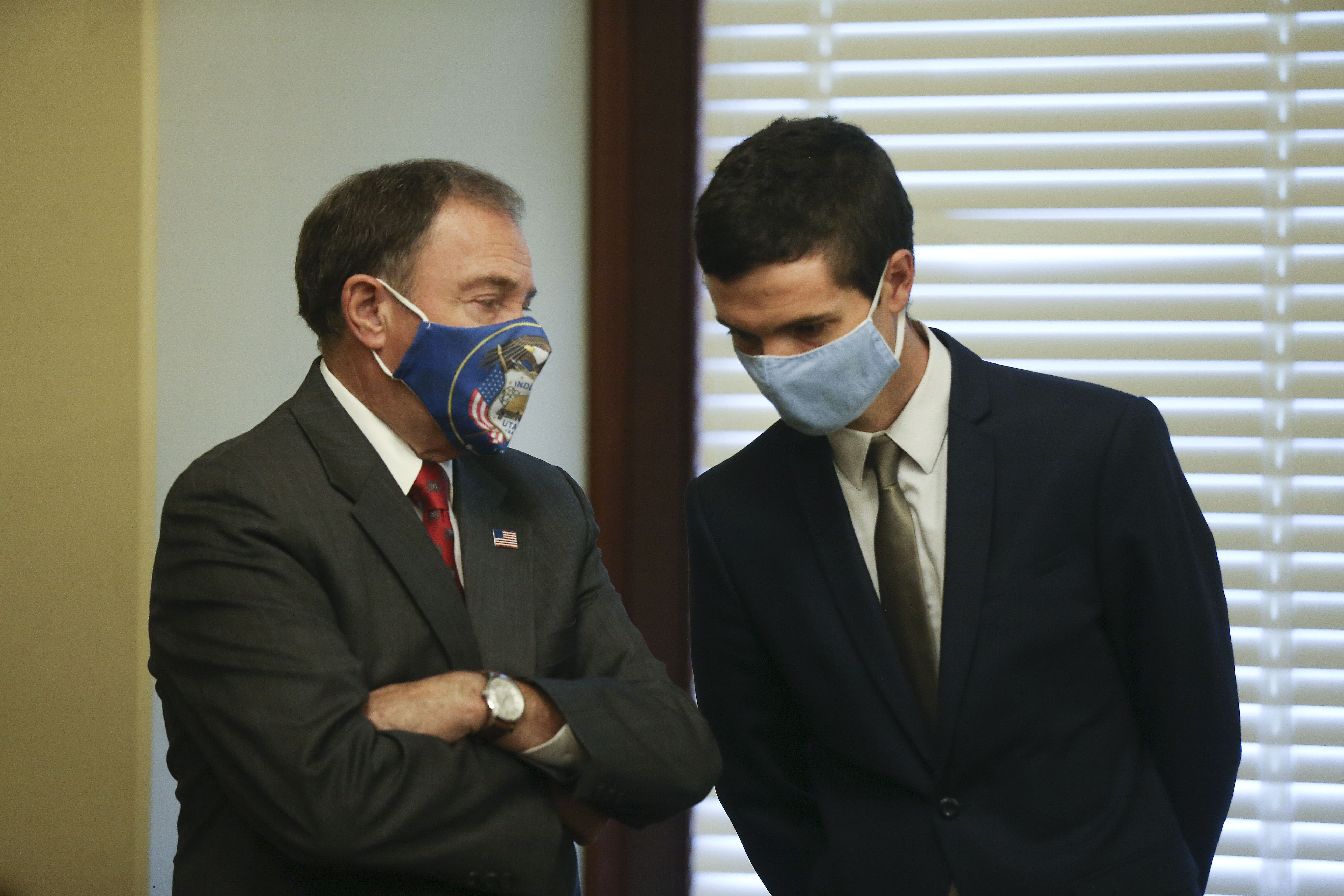 Gov. Gary Herbert and Dr. Ben Abbott speak during a COVID-19 briefing at the Capitol in Salt Lake City on Thursday, July 30, 2020.