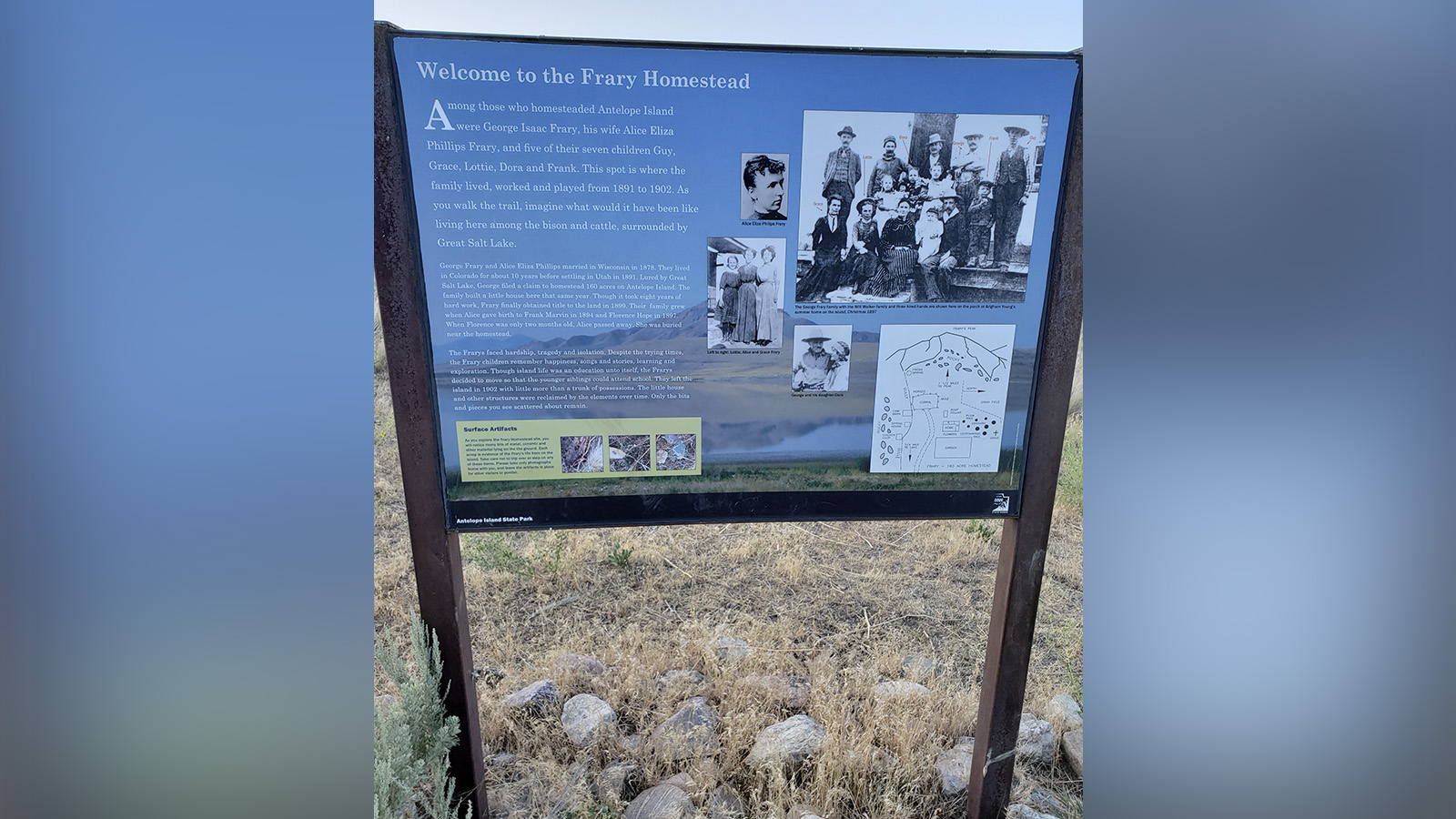 An interpretive sign at the Frary homestead on Antelope Island. Alice Frary and her husband, George, built a home and began raising a family there in 1891. (Photo: Robert Williamson)