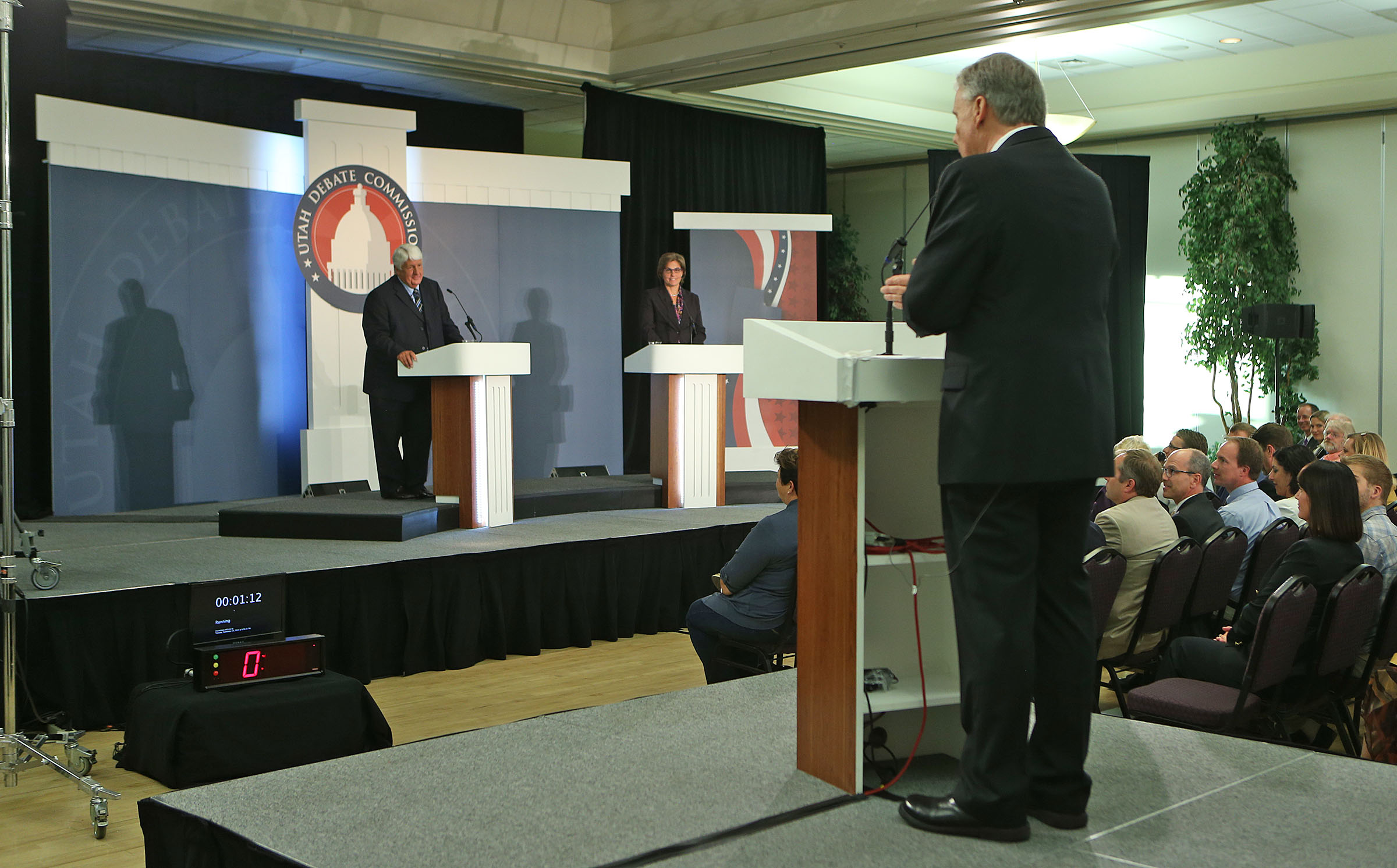 Republican Congressman Rob Bishop and Democratic challenger Donna McAleer debate in the Utah Debate Commission's 1st Congressional District debate at Weber State University Tuesday, Sept. 23, 2014, in Ogden.