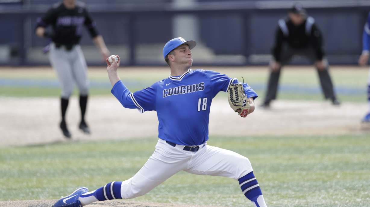 BYU right-hand pitcher Justin Sterner pitches against Portland, March 23, 2019 in Provo.