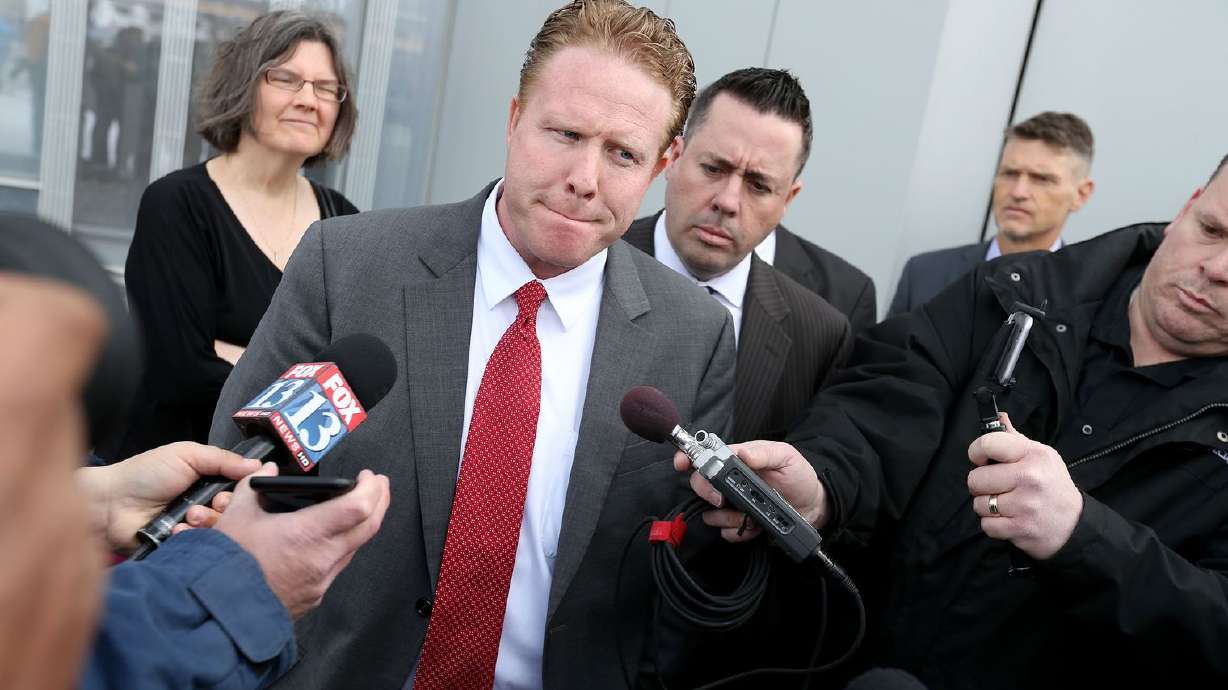 Former St. George multimillionaire Jeremy Johnson speaks to reporters after being found guilty on eight of 86 charges at the federal courthouse in Salt Lake City on Friday, March 25, 2016.