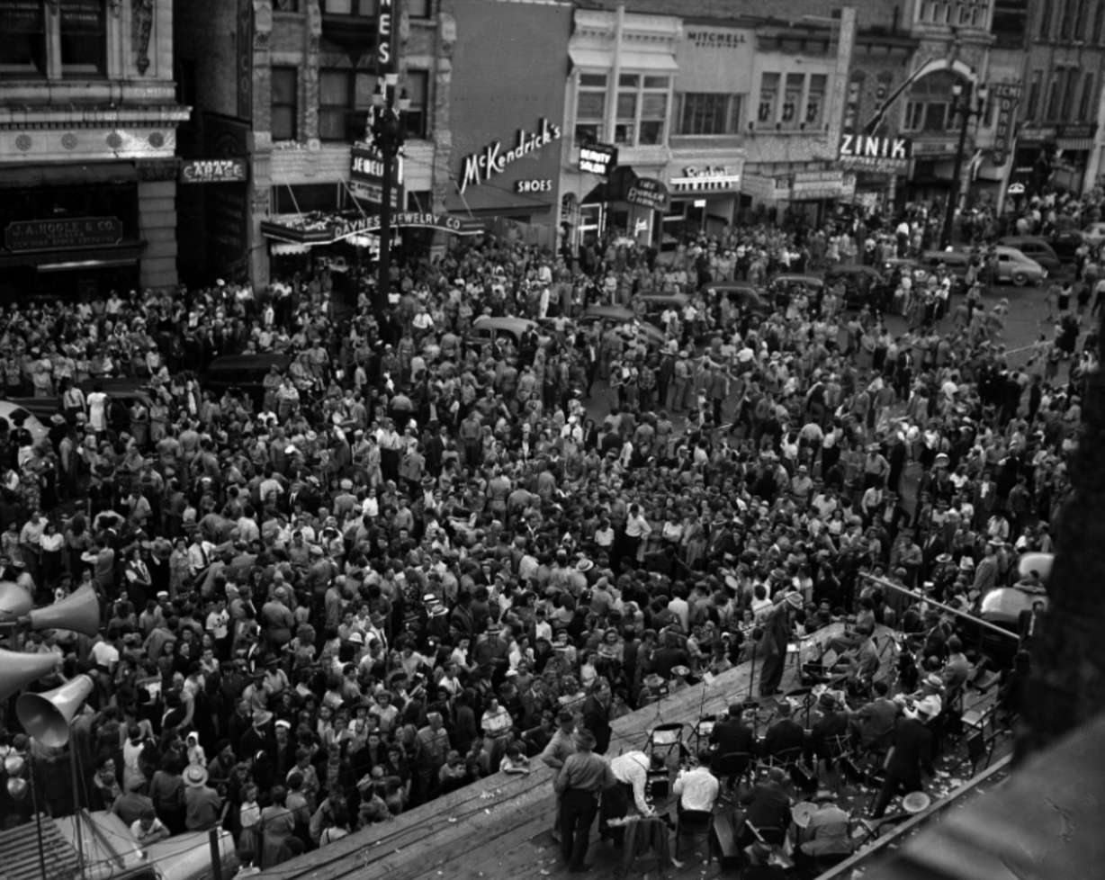 V-J Day celebrations on Aug. 14 or Aug. 15, 1945, about a week after the U.S. attack on Nagasaki, Japan. Japan officially surrendered on Sept. 2, 1945.