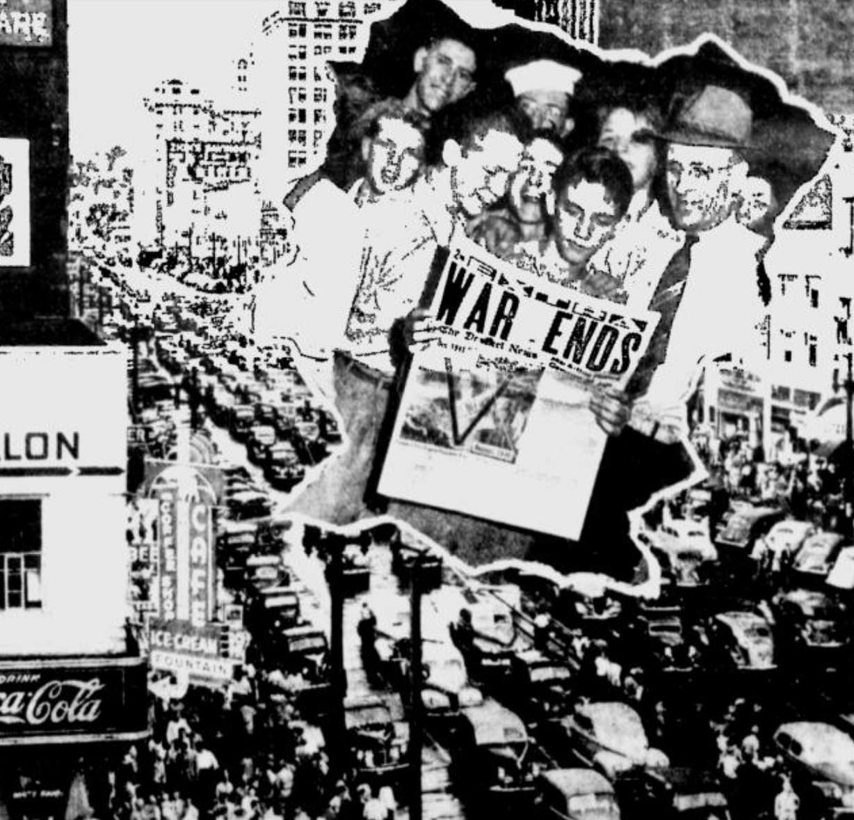 A collage of V-J Day celebrations printed on the front page of the Aug. 15, 1945, edition of the Deseret News. Japan wouldn't surrender until Sept. 2, 1945.