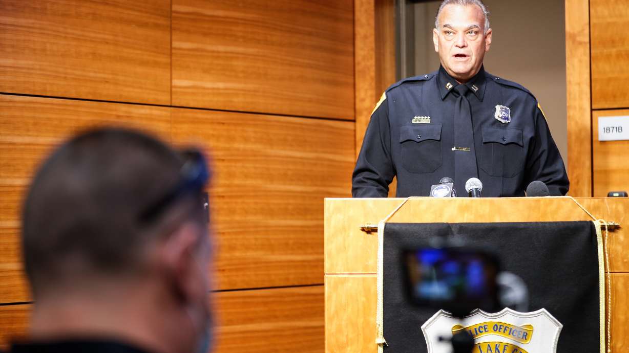 Salt Lake Police Capt. Richard Lewis discusses body camera footage of July 25 officer-involved shooting during a press conference at Public Safety Building in Salt Lake City on Friday, Aug. 7, 2020.