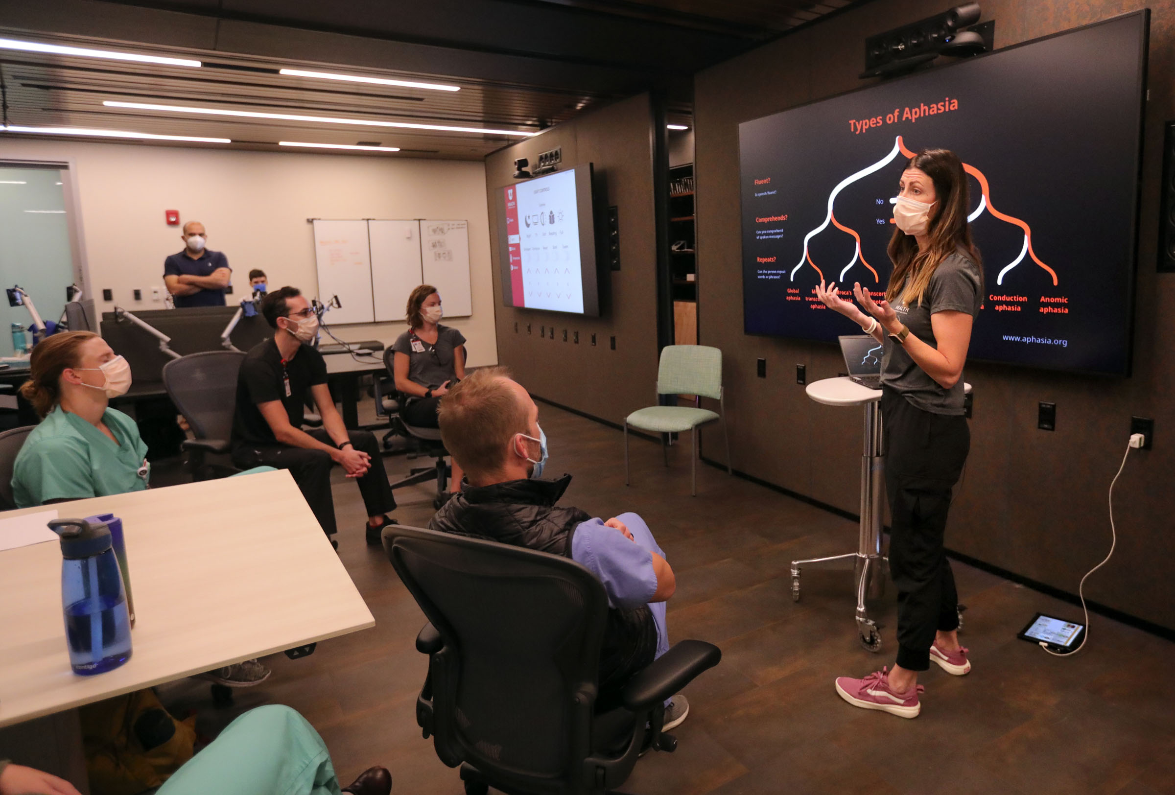 Nicassia Gabiola, a speech language pathologist, teaches a didactic resident review in the Digital Innovation Center at the new University of Utah Health Craig H. Neilsen Rehabilitation Hospital in Salt Lake City on Thursday, Aug. 6, 2020.
