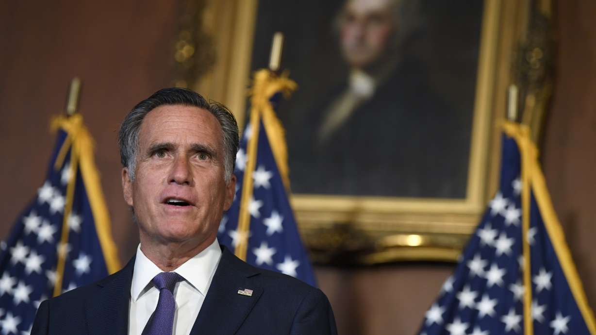 Sen. Mitt Romney, R-Utah, speaks during a news conference on on Capitol Hill in Washington, Monday, July 27, 2020, to highlight the Republican proposal for the next coronavirus stimulus bill.