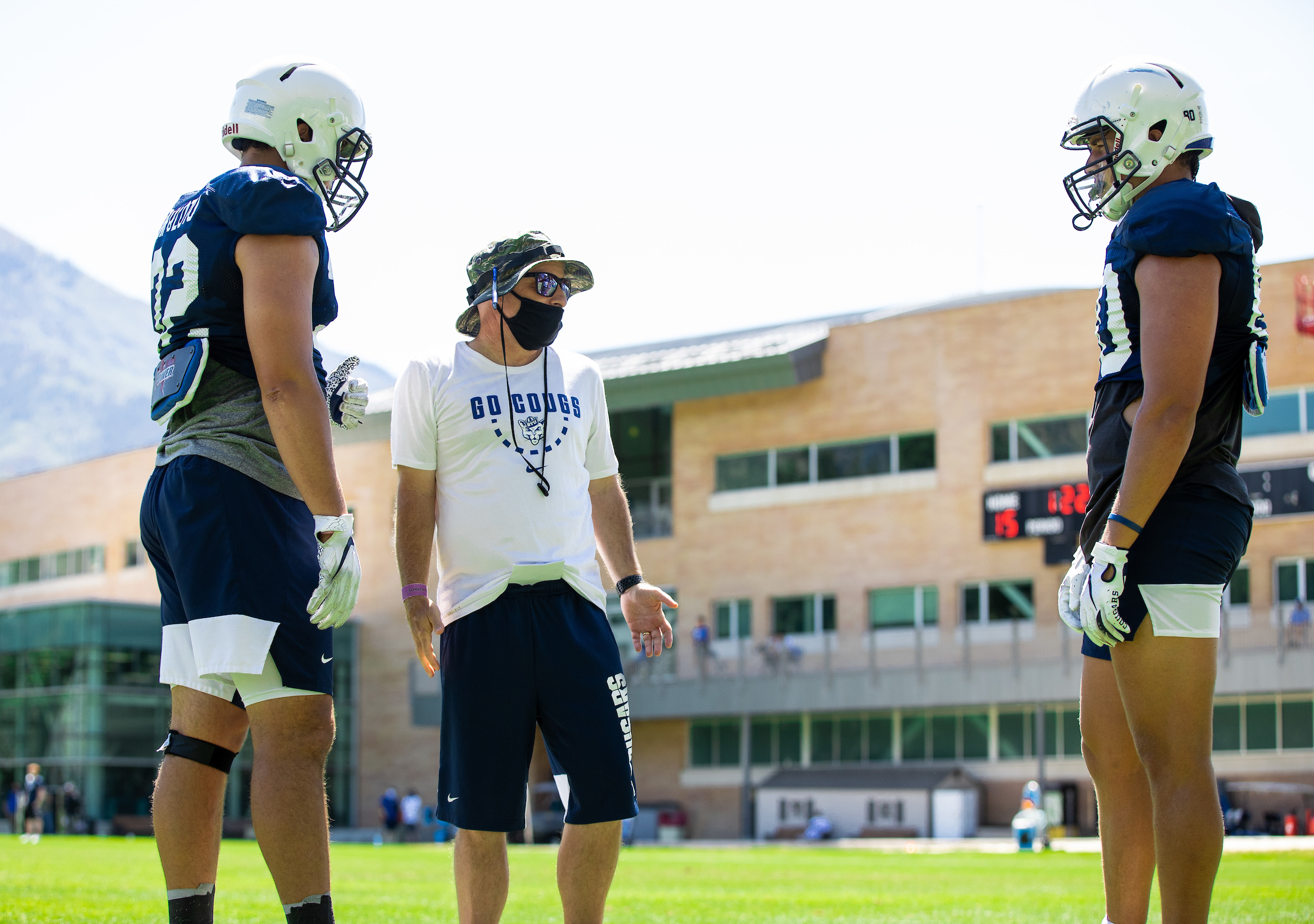 BYU assistant coach Steve Clark with the tight ends during fall training camp, Monday, Aug. 10, 2020 in Provo.