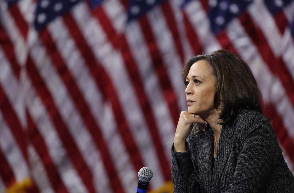 FILE - In this Oct. 2, 2019, file photo, then -Democratic presidential candidate Sen. Kamala Harris, D-Calif., listens during a gun safety forum in Las Vegas. Democratic presidential candidate former Vice President Joe Biden has chosen Harris as his running mate.