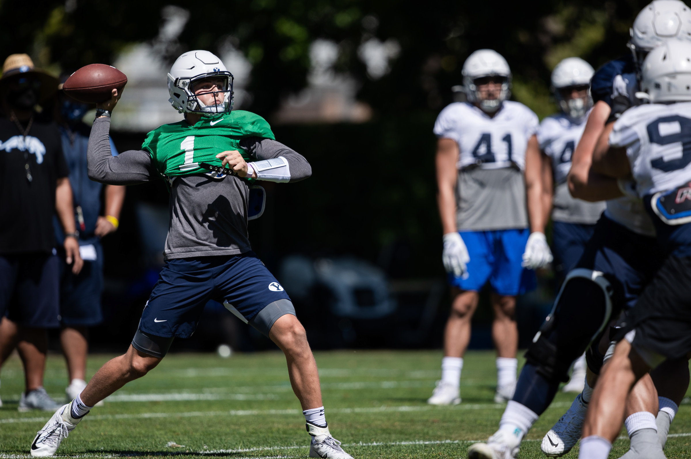 BYU quarterback Zach Wilson drops back to pass during fall training camp, Wednesday, Aug. 13, 2020 in Provo.