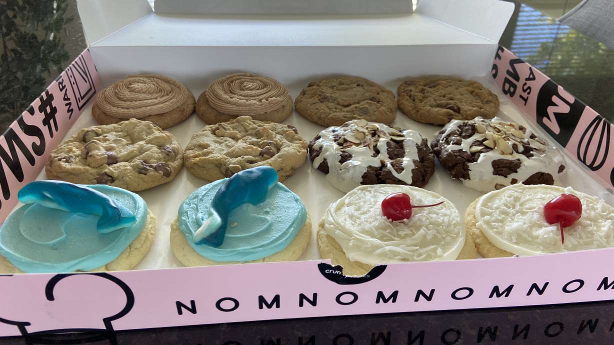 A box of Crumbl cookies inside the company's headquarters in Orem.