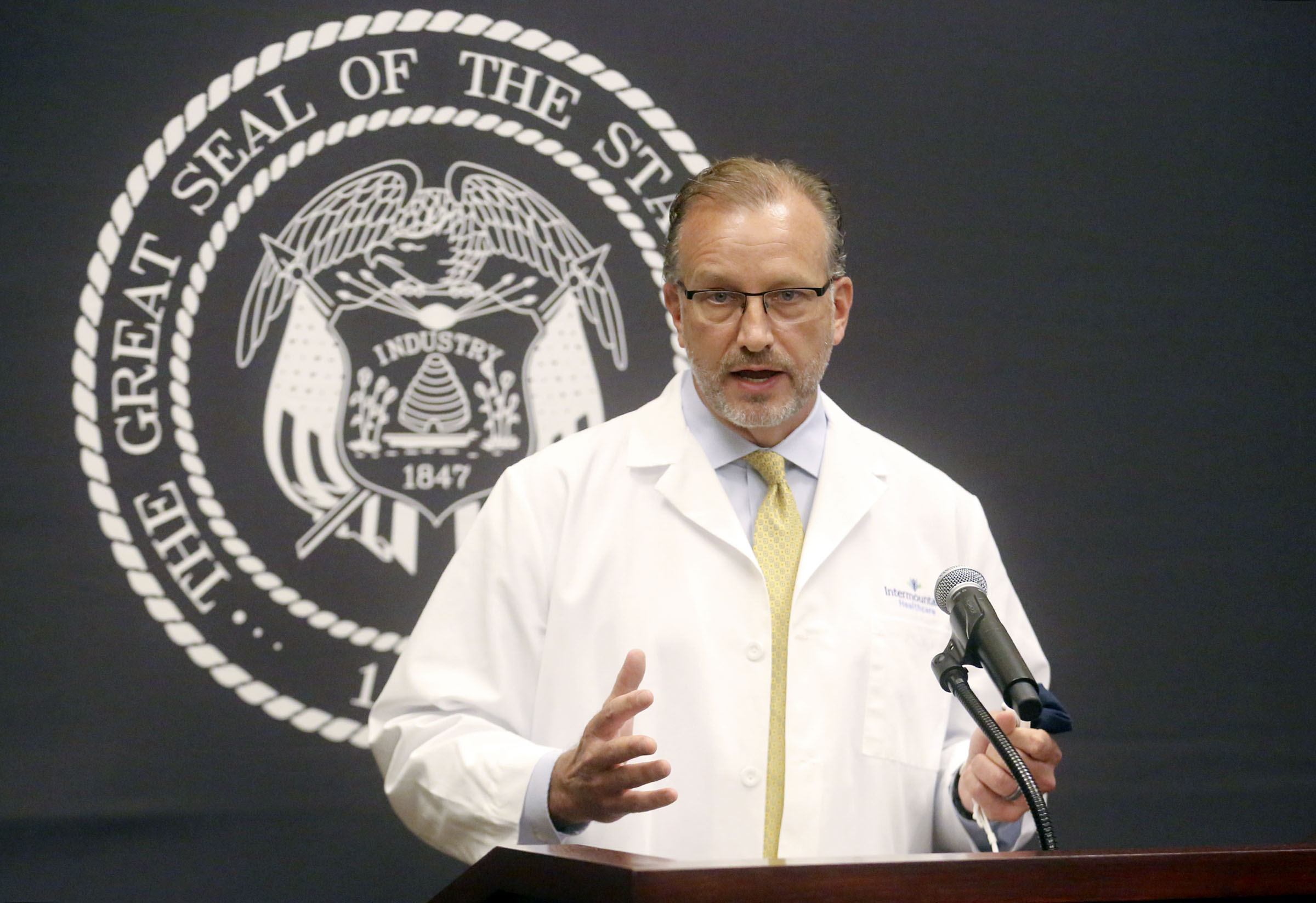 
COVID 0709 2.ai
7/9/2020 4:13:21 PM
0705socroyals.spt_SW_0871.JPG
7/4/2020
Mark Briesacher, Intermountain Healthcare chief physician executive, speaks during a COVID-19 briefing at the Capitol in Salt Lake City on Thursday, Aug. 13, 2020.