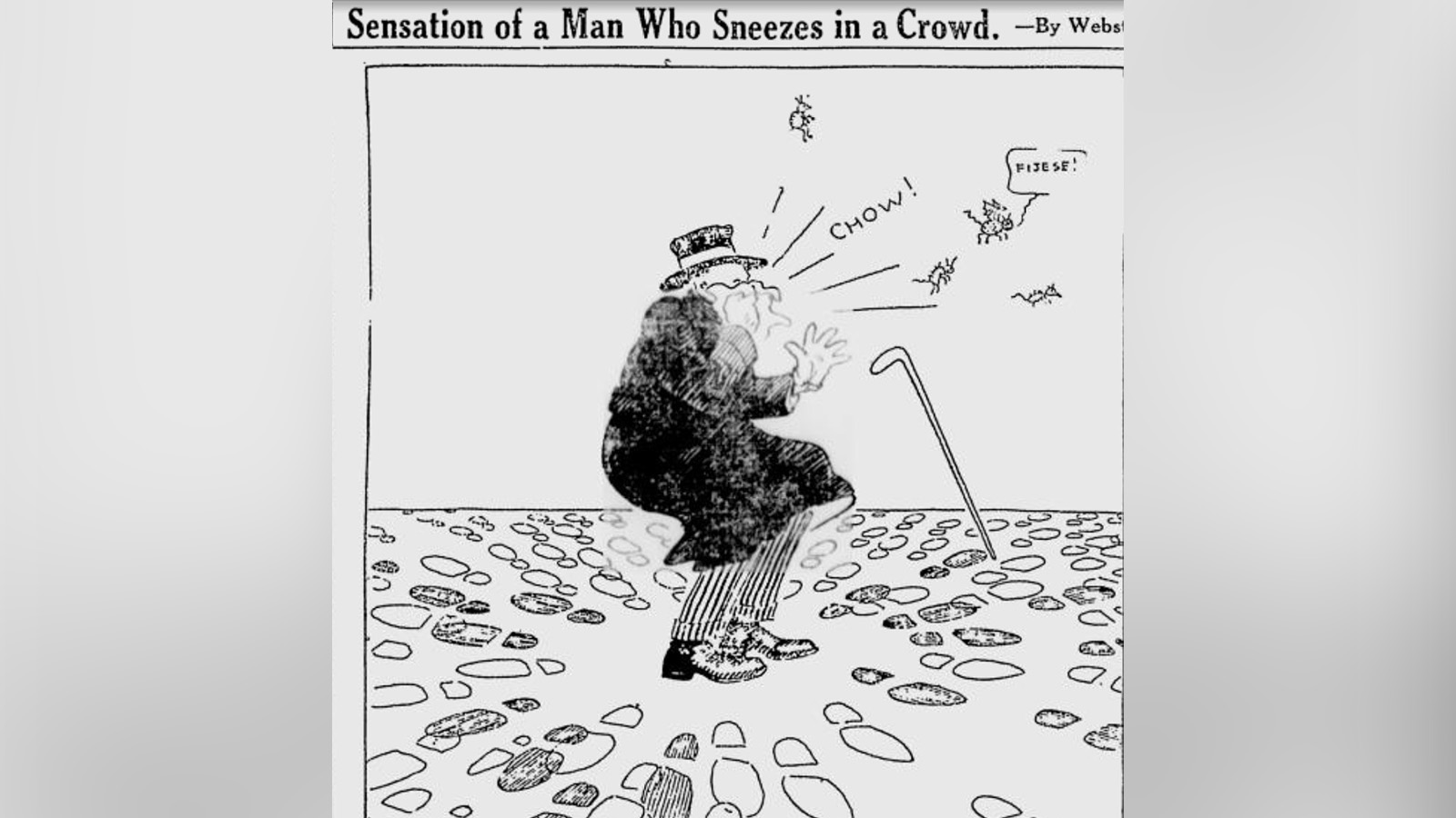 A political cartoon that appeared in the Oct. 26, 1918, edition of the Deseret News. The cartoon shows the fear of influenza at the time, as a worldwide pandemic broke out. It depicts a man sneezing and leading people to run away in every direction.