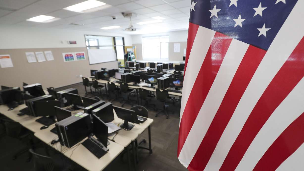An empty classroom at Mount Jordan Middle School in Sandy is pictured on Tuesday, April 14, 2020. Utah’s K-12 public schools will remain closed for in-person learning for the remainder of the academic year, state officials announced Tuesday.