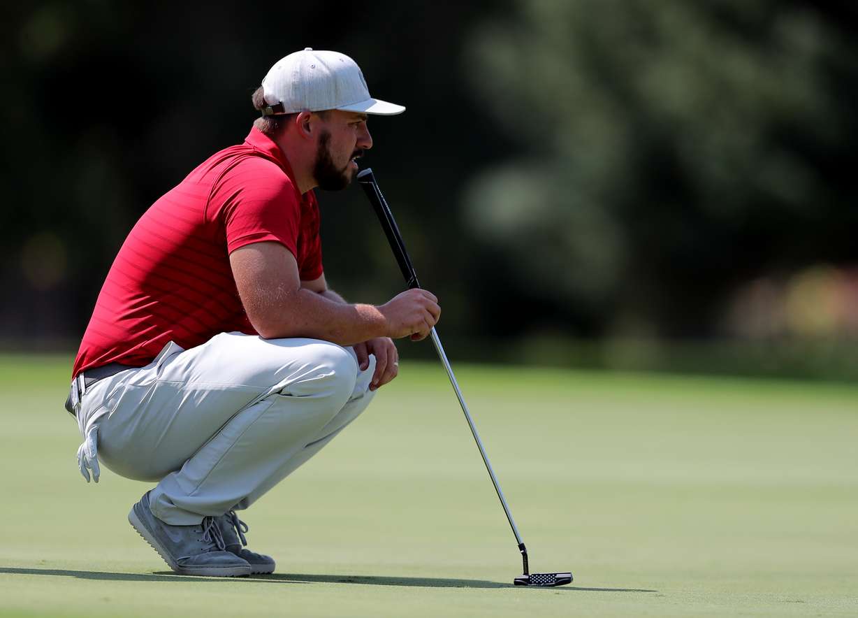 Hayden Christensen lines up a putt as he plays in the Utah Open at Riverside Country Club in Provo on Sunday, Aug. 16, 2020.