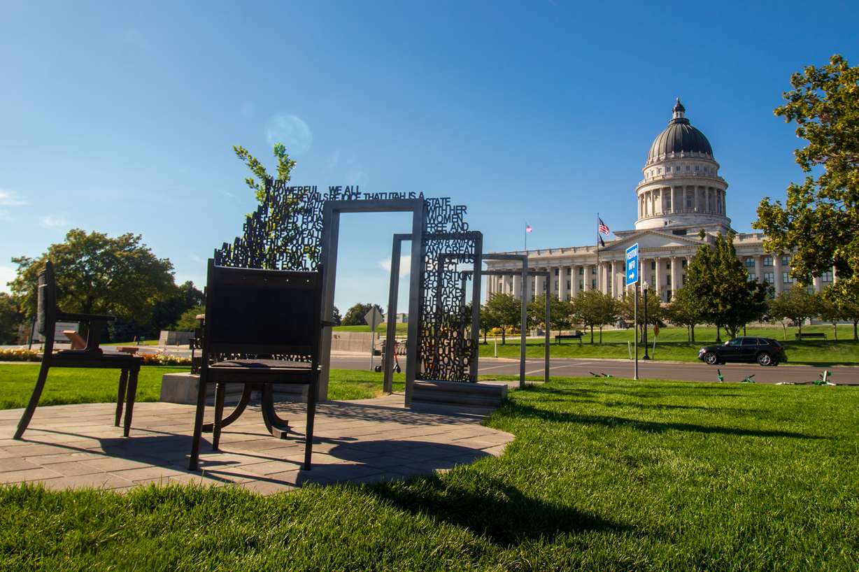 The women's suffrage memorial outside of the Council Hall building in Salt Lake City on Monday, Aug. 17, 2020. The memorial was installed this year for the 100th anniversary of the 19th amendment's ratification and 150th anniversary of Utah first granting women the right to vote.
