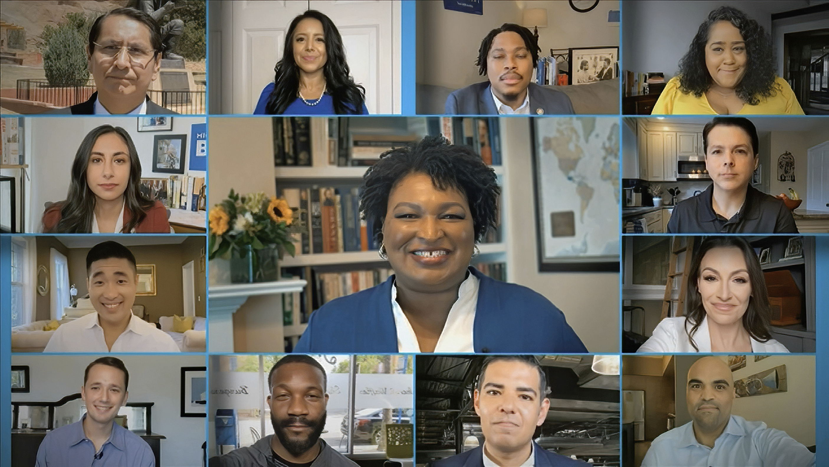 In this image from video, former Georgia House Democratic leader Stacey Abrams, center, and others, speak during the second night of the Democratic National Convention on Tuesday, Aug. 18, 2020.