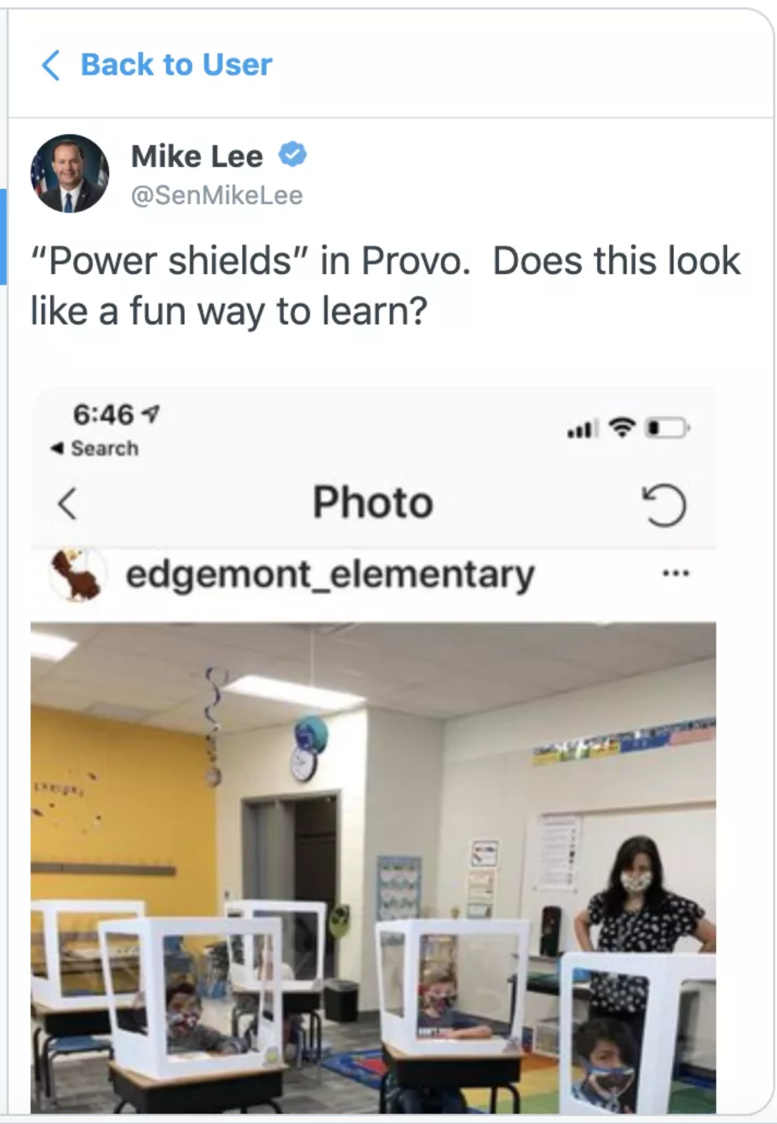 Utah Sen. Mike Lee likens Provo elementary students’ desk shields to cages
