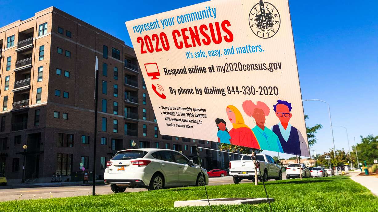 A sign reminding people to fill out their 2020 census form outside a Salt Lake City apartment complex on Saturday, Aug. 15, 2020.