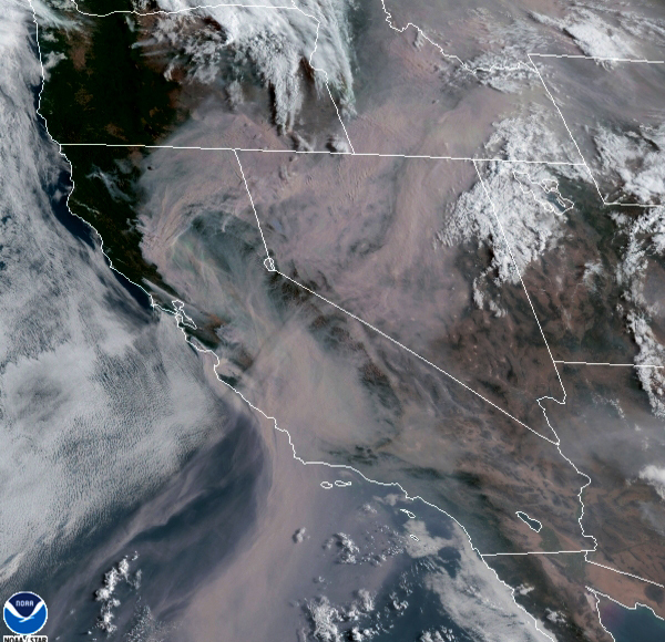 This satellite image from the Cooperative Institute for Research in the Atmosphere (CIRA) and released by the National Oceanic and Atmospheric Administration (NOAA) shows smoke from massive wildfires in Northern California, top left, being pushed by winds to the northeast on Thursday, Aug. 20, 2020. California firefighters battled destructive wildfires as a lengthening heat wave roasted the state. Thousands of homes were at risk and air quality deteriorated in areas affected by smoke. (CIRA/NOAA via AP) [Aug-20-2020]