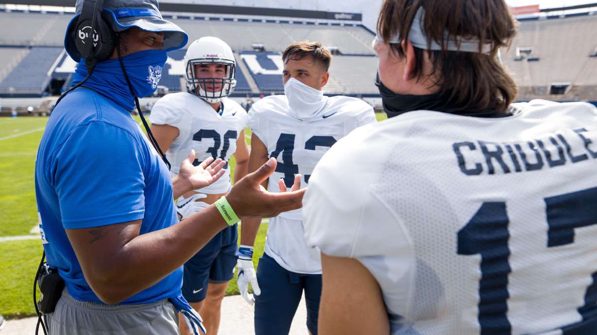 Coach Jenaro Gilford speaks with his BYU cornerbacks, including Matthew Criddle (17) after the final scrimmage of fall camp, Thursday, Aug. 20, 2020 at LaVell Edwards Stadium in Provo.
20FTB PRAC 8-20
2020 BYU Football Fall Camp - Team Scrimmage in Lavell Edwards Stadium
June 19, 2020
Photo by Jaren Wilkey/BYU
© BYU PHOTO 2020
All Rights Reserved
photo@byu.edu (801)422-7322