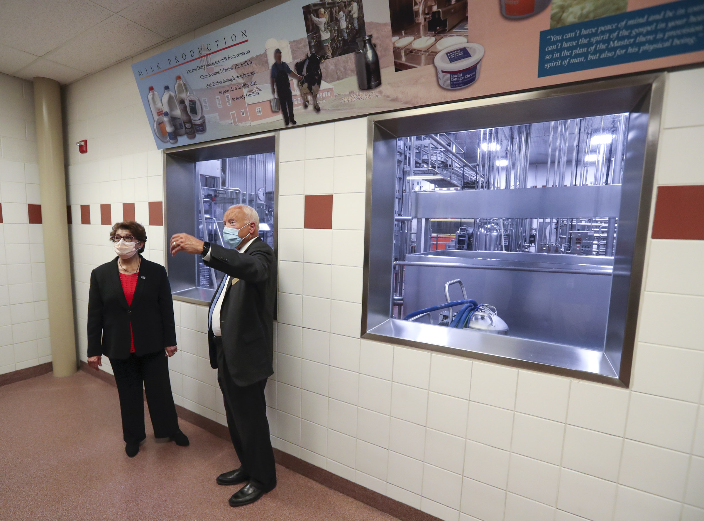 Jovita Carranza, administrator of the U.S. Small Business Administration, left, talks with Elder Kent F. Richards, director of hosting for The Church of Jesus Christ of Latter-day Saints, during a tour of Welfare Square in Salt Lake City on Wednesday, Aug. 19, 2020.