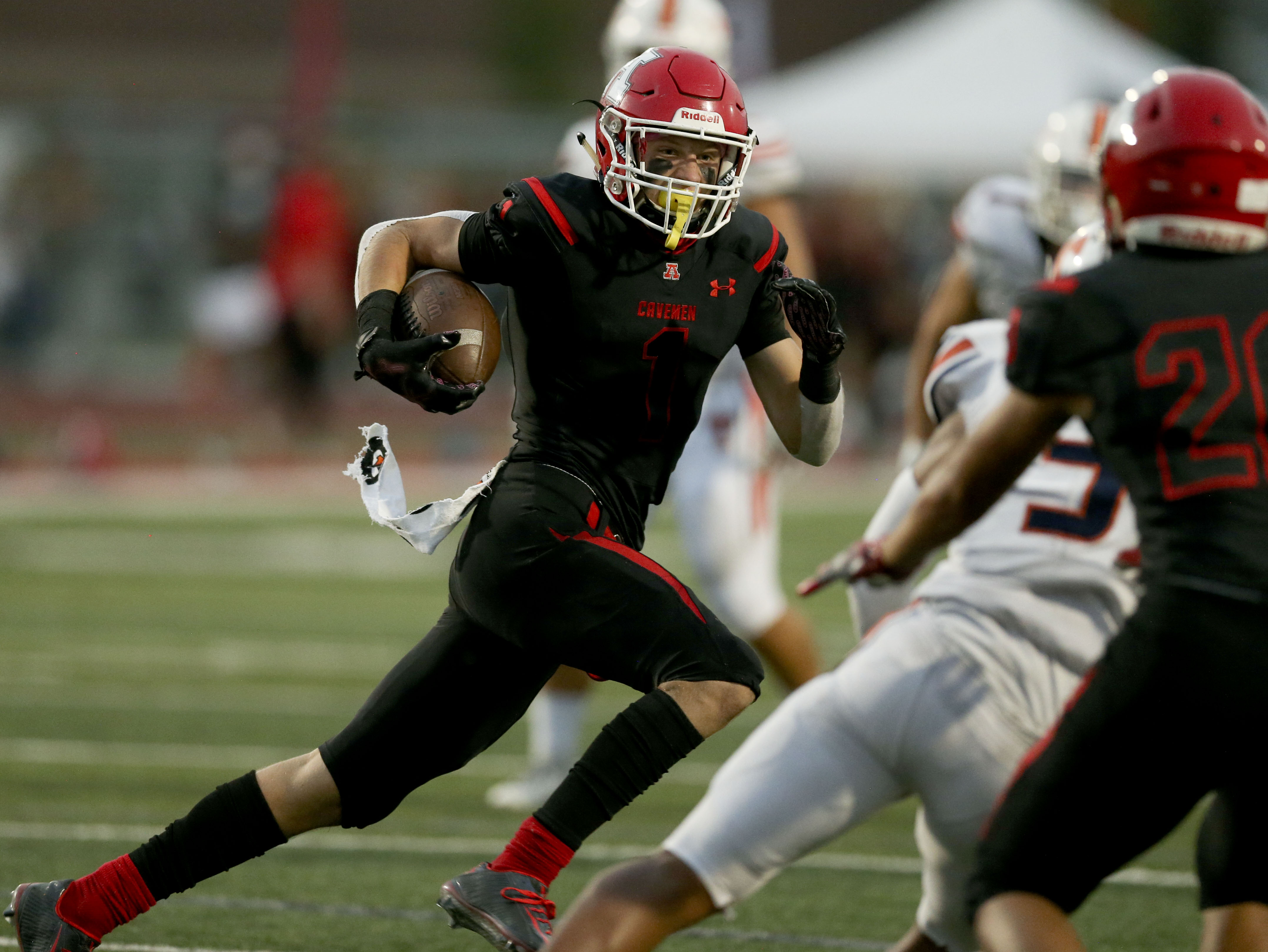 American Fork’s Fisher Ingersoll (1) runs the ball against Timpview at American Fork High School in American Fork on Thursday, Aug. 20, 2020.
