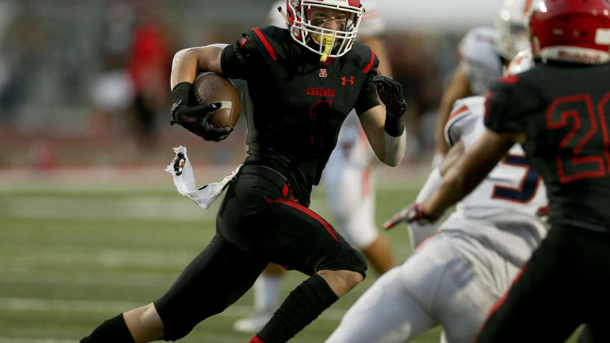 American Fork’s Fisher Ingersoll (1) runs the ball against Timpview at American Fork High School in American Fork on Thursday, Aug. 20, 2020.