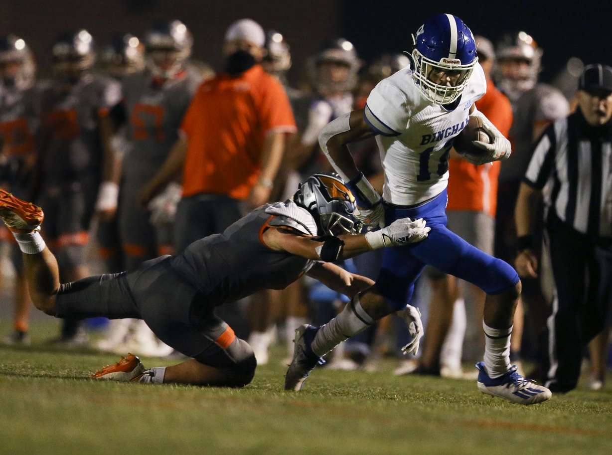 Skyridge and Bingham play in a high school football game at Skyridge High School in Lehi on Friday, Aug. 21, 2020.