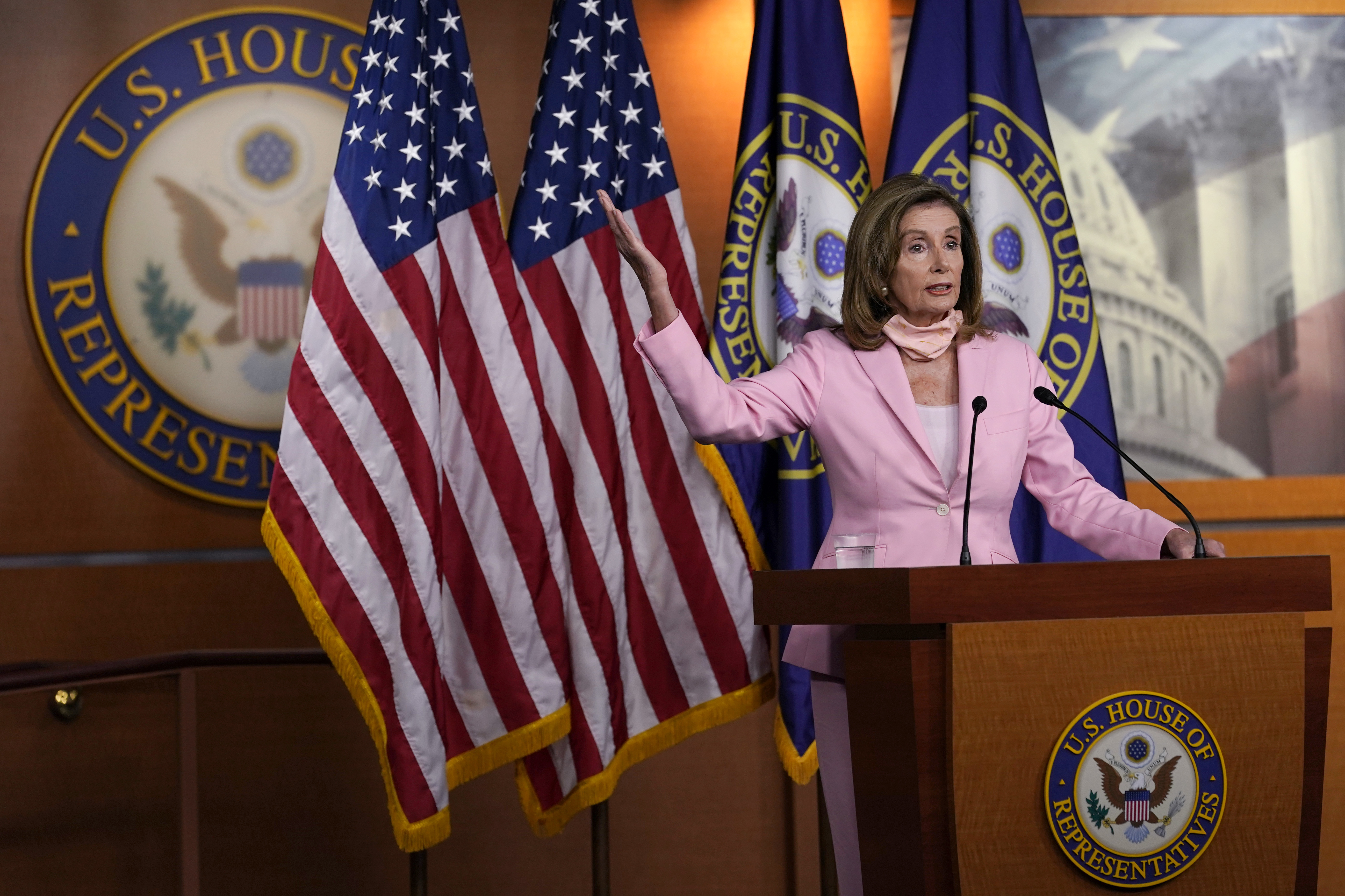 House Speaker Nancy Pelosi of Calif., speaks during a news conference on Capitol Hill in Washington, Saturday, Aug. 22, 2020. The House is set for a rare Saturday session to pass legislation to halt changes in the Postal Service and provide $25 billion in emergency funds. (AP Photo/Susan Walsh) [Aug-22-2020]