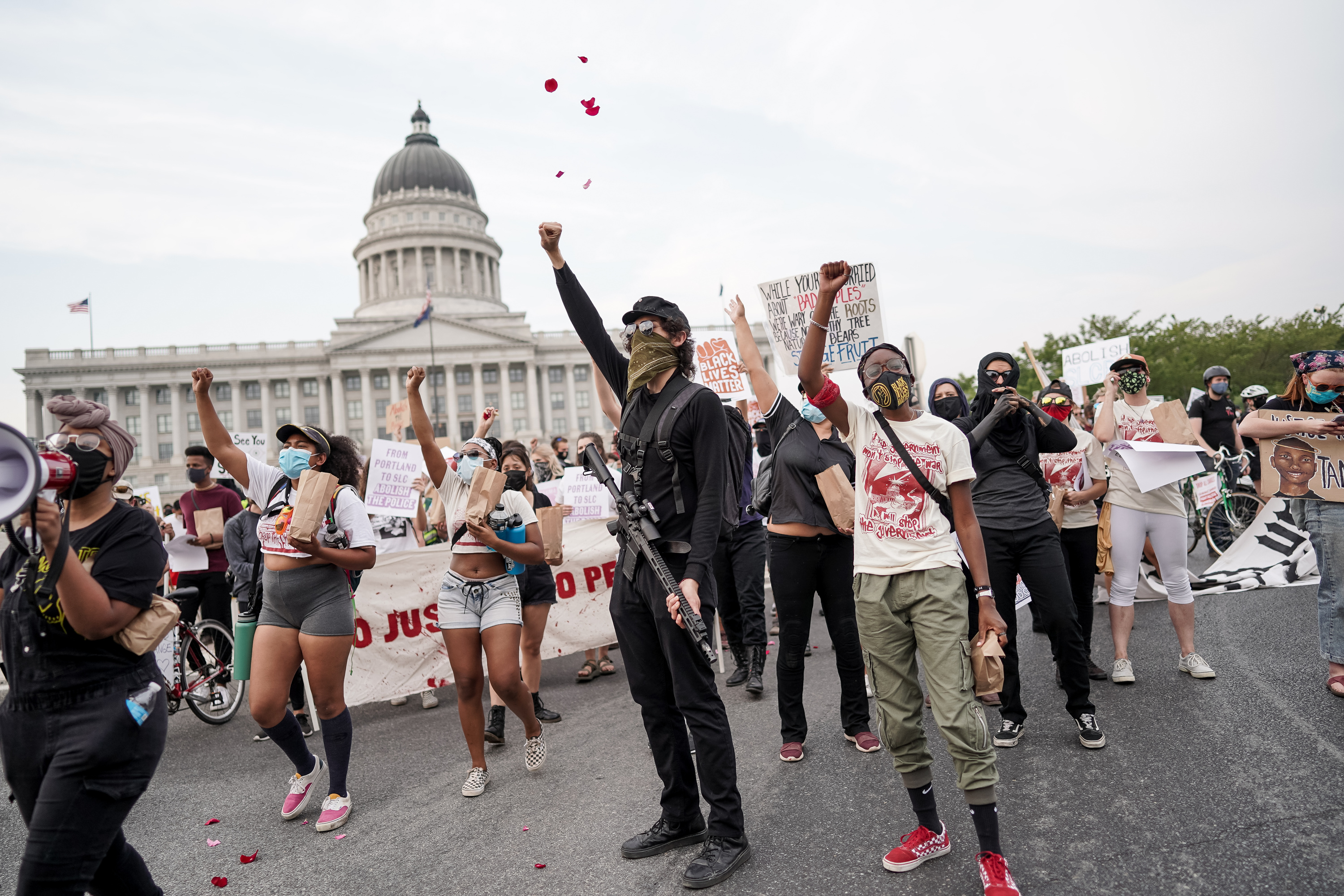 Anti-racism protesters march at the Capitol in Salt Lake City on Saturday, Aug. 22, 2020. The protesters called for charges against those involved in the July 9 protests outside District Attorney Sim Gillâs office to be dropped.