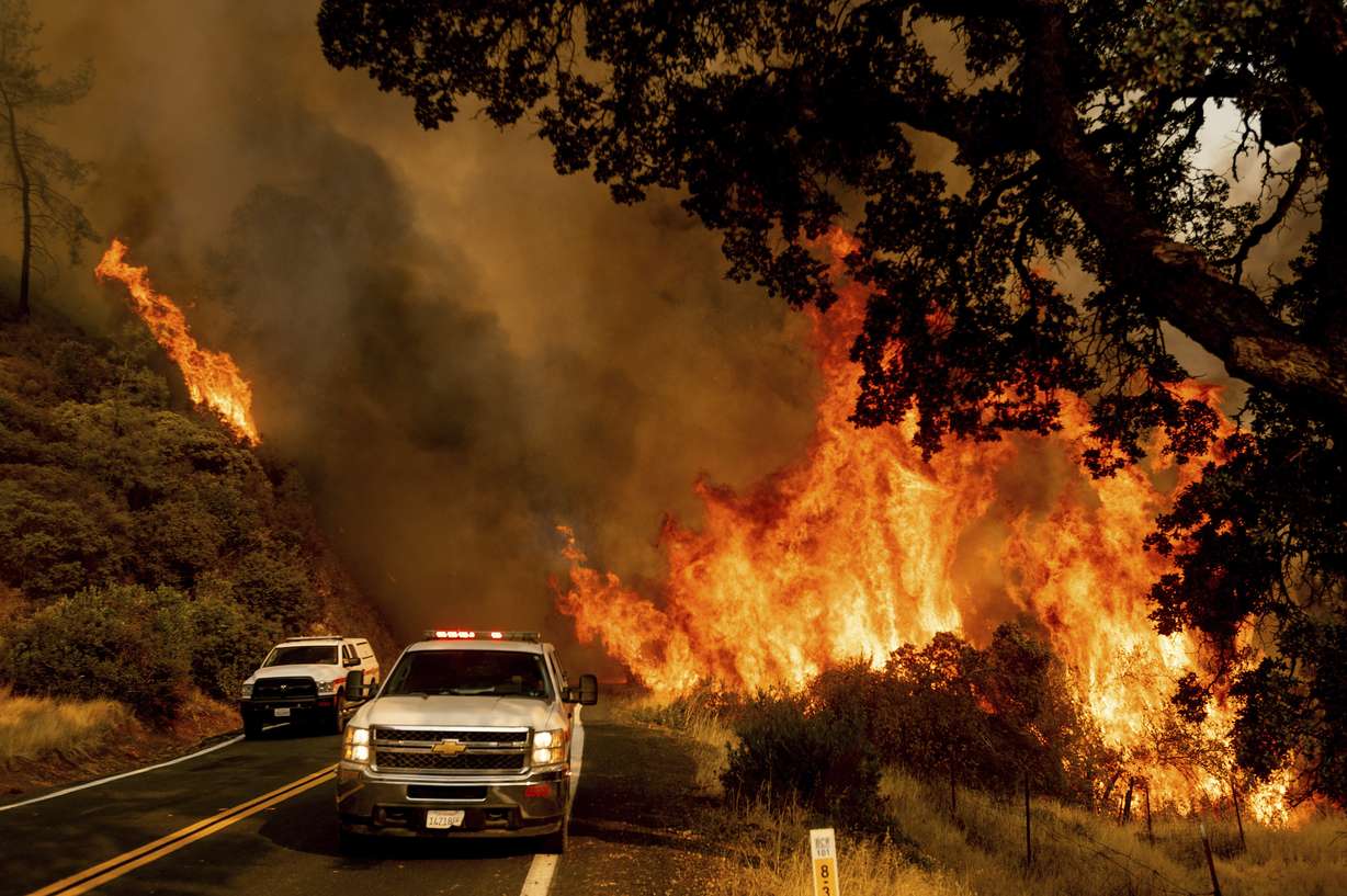 Flames from the LNU Lightning Complex fires jump Butts Canyon Rd. on Sunday, Aug. 23, 2020, as firefighters work to contain the blaze in unincorporated Lake County.